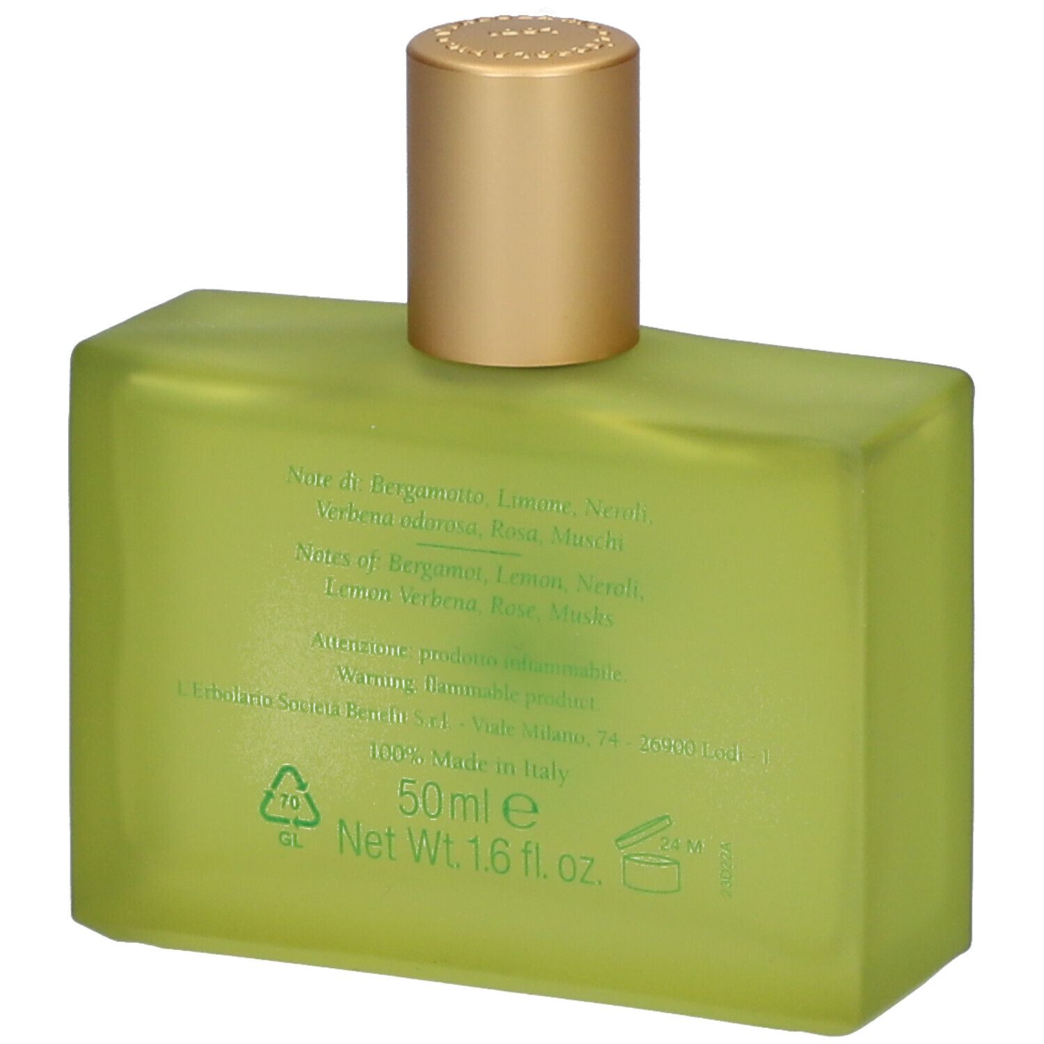 Flacon de parfum vert avec bouchon doré, dos avec informations et volume.