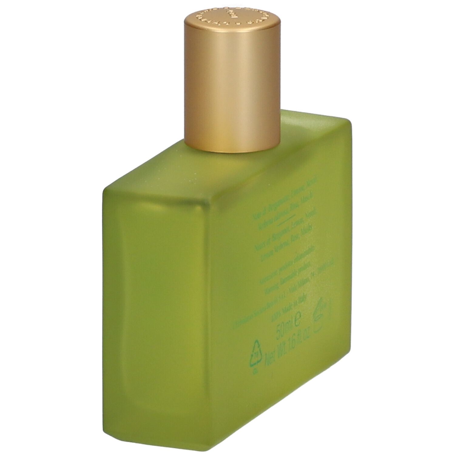 Flacon de parfum vert avec bouchon doré, vue arrière avec informations.