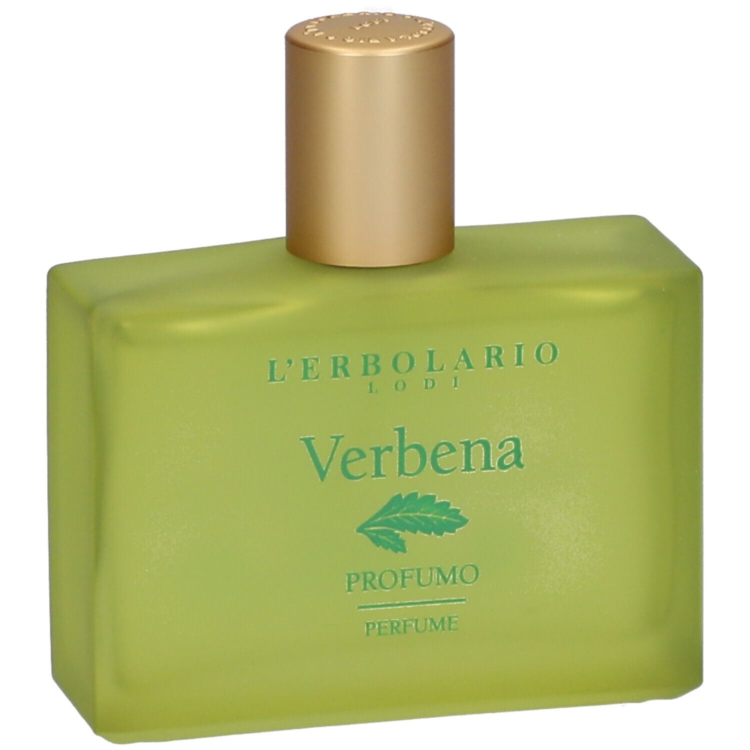 Flacon de parfum vert avec bouchon doré. Inscription : Verbena, Profumo, Perfume.