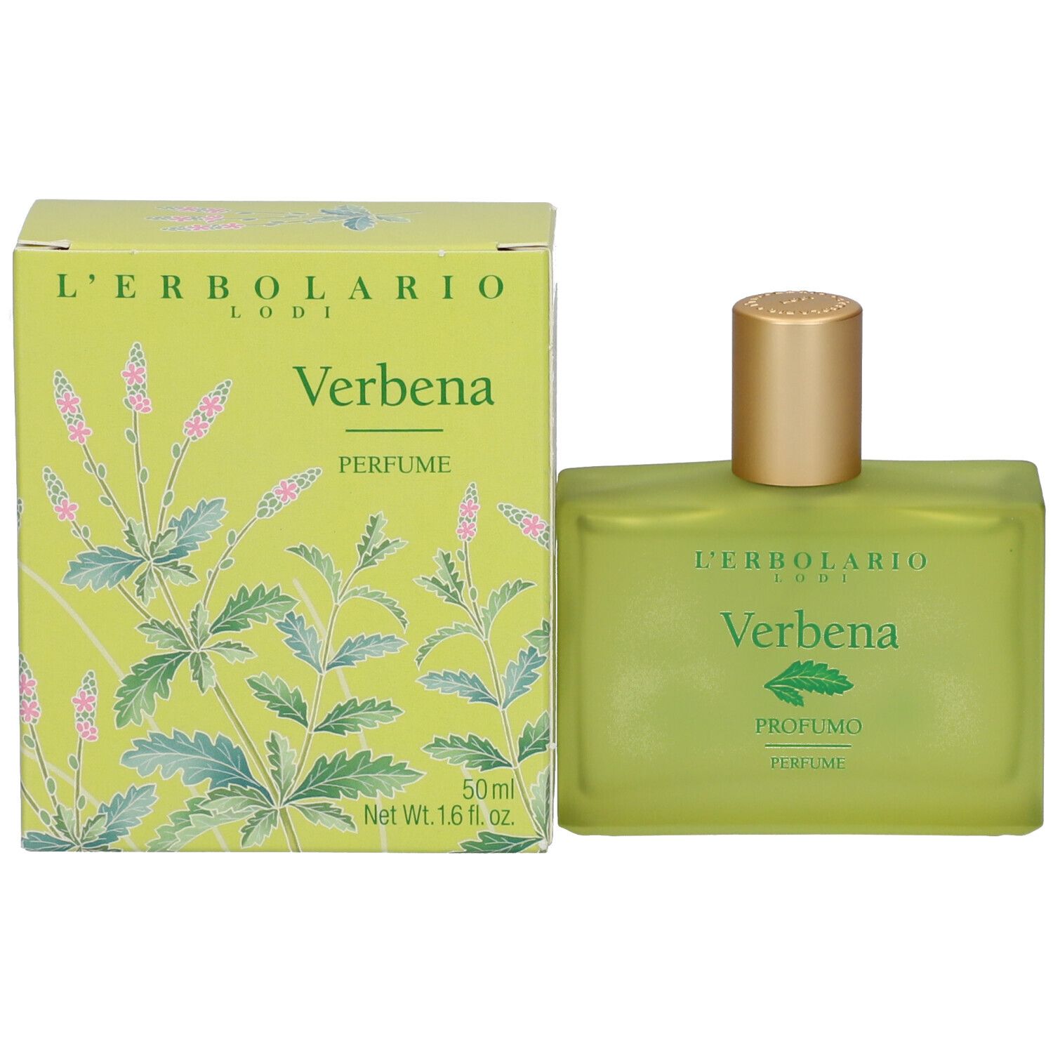 Flacon de parfum vert à côté d'une boîte. Inscription : Verbena, Perfume. 50ml.