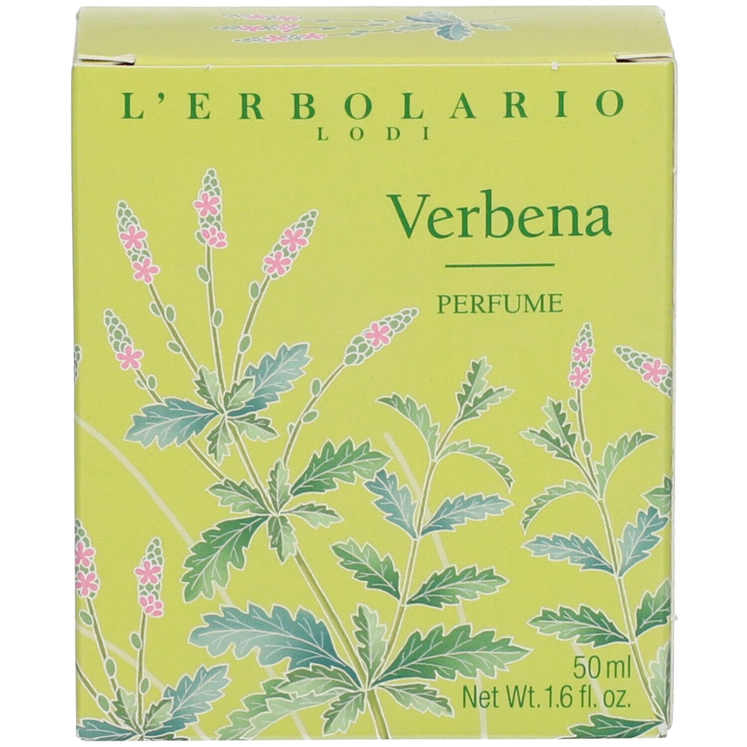 Boîte verte avec inscription : Verbena, Perfume. 50ml. Illustration de fleurs.