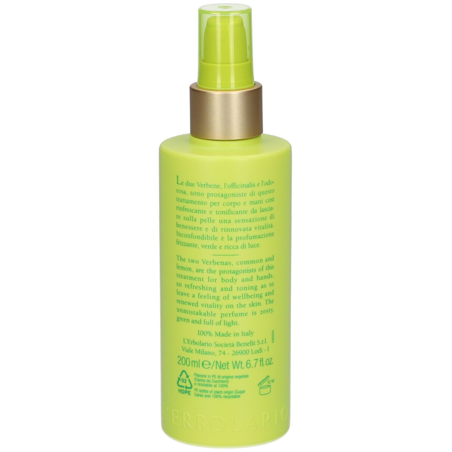 Flacon vert avec pompe. Texte en italien et anglais. 200ml/6.7 fl.oz.