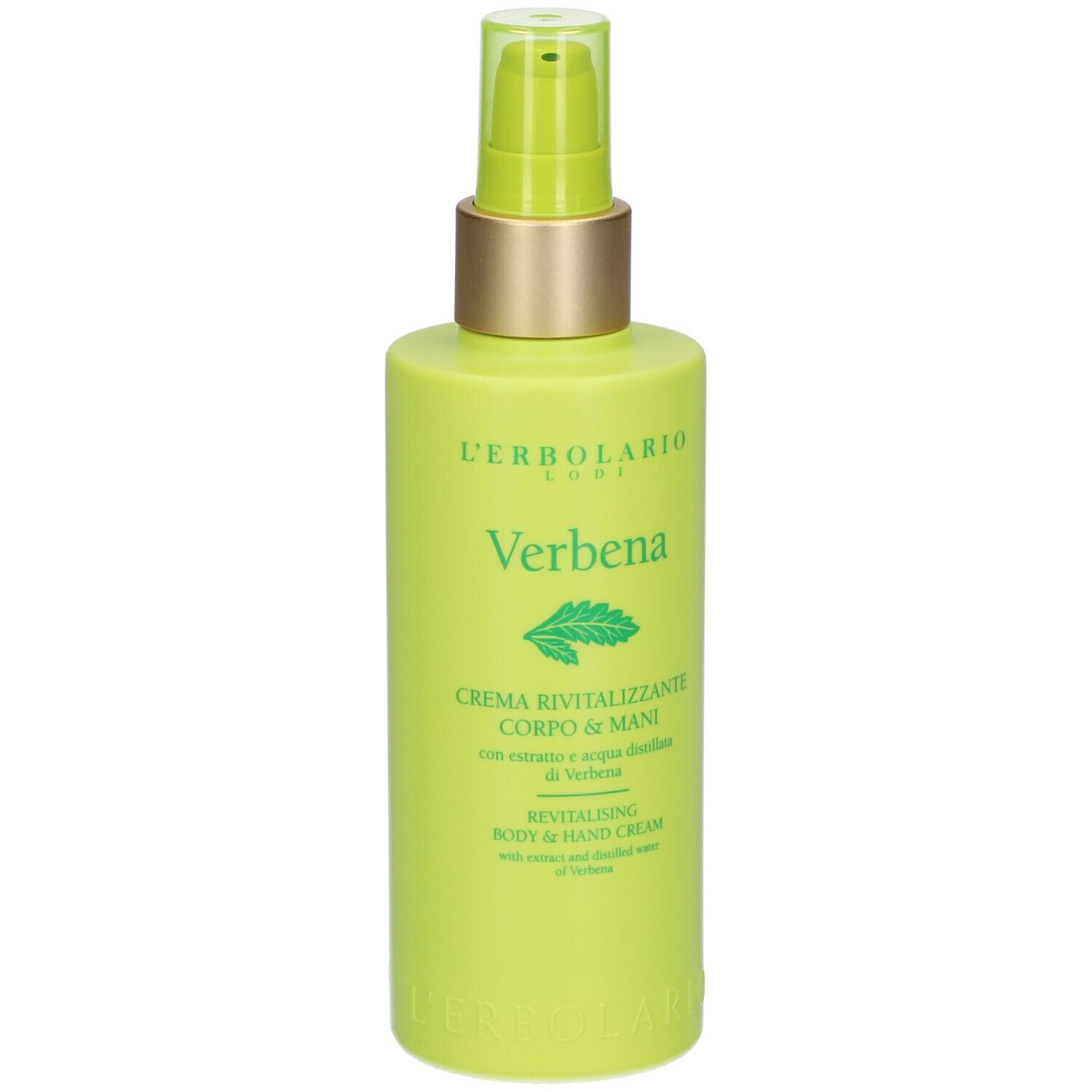 Flacon vert avec pompe. Inscription: L'ERBOLARIO, Verbena, crème corps et mains.
