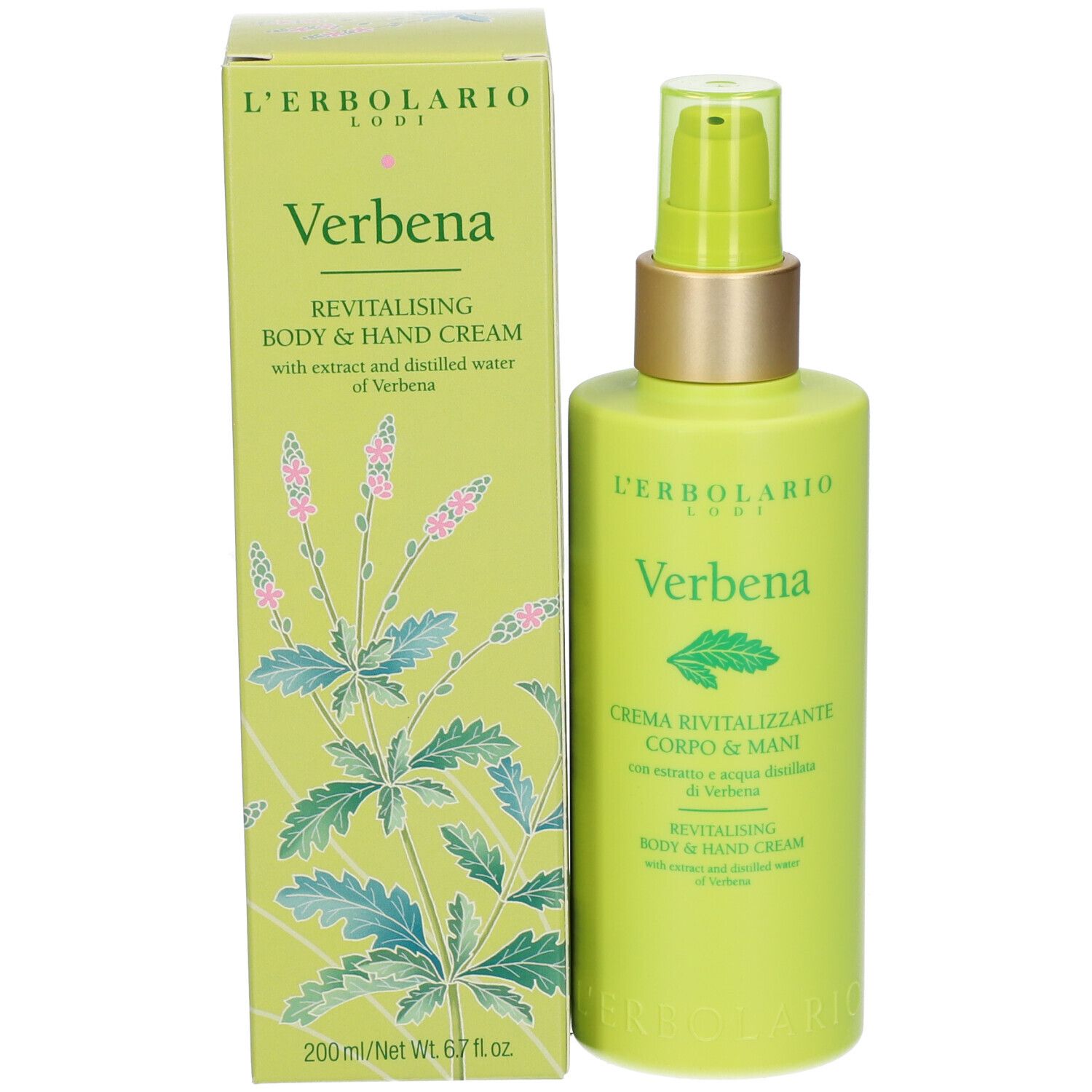 Flacon vert avec pompe et emballage. Inscription: L'ERBOLARIO, Verbena, crème corps et mains. 200 ml.