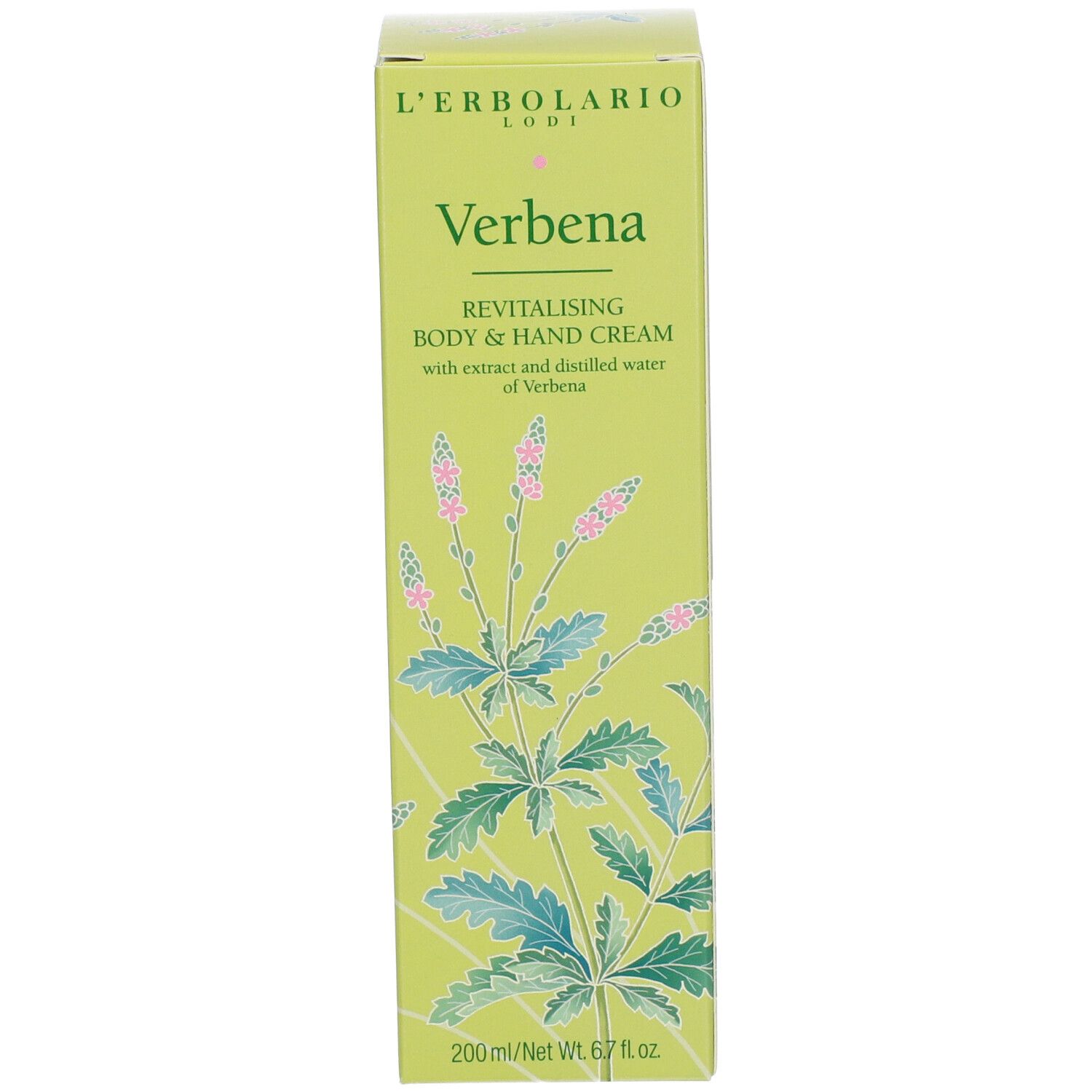Emballage. Inscription: L'ERBOLARIO, Verbena, crème corps et mains. 200 ml.