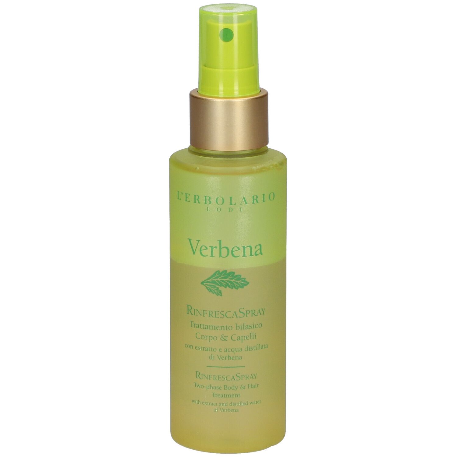 Spray corporel L'Erbolario. Flacon vert avec vaporisateur. Étiquette Verbena.