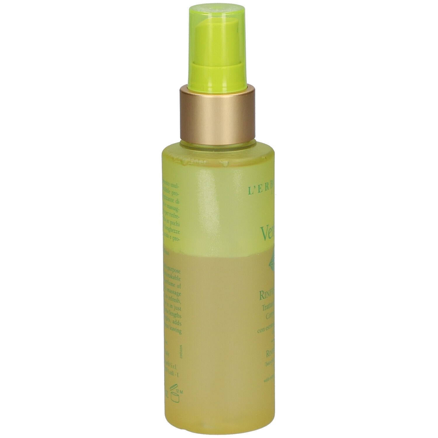 Spray corporel L'Erbolario. Vue arrière du flacon vert avec vaporisateur.