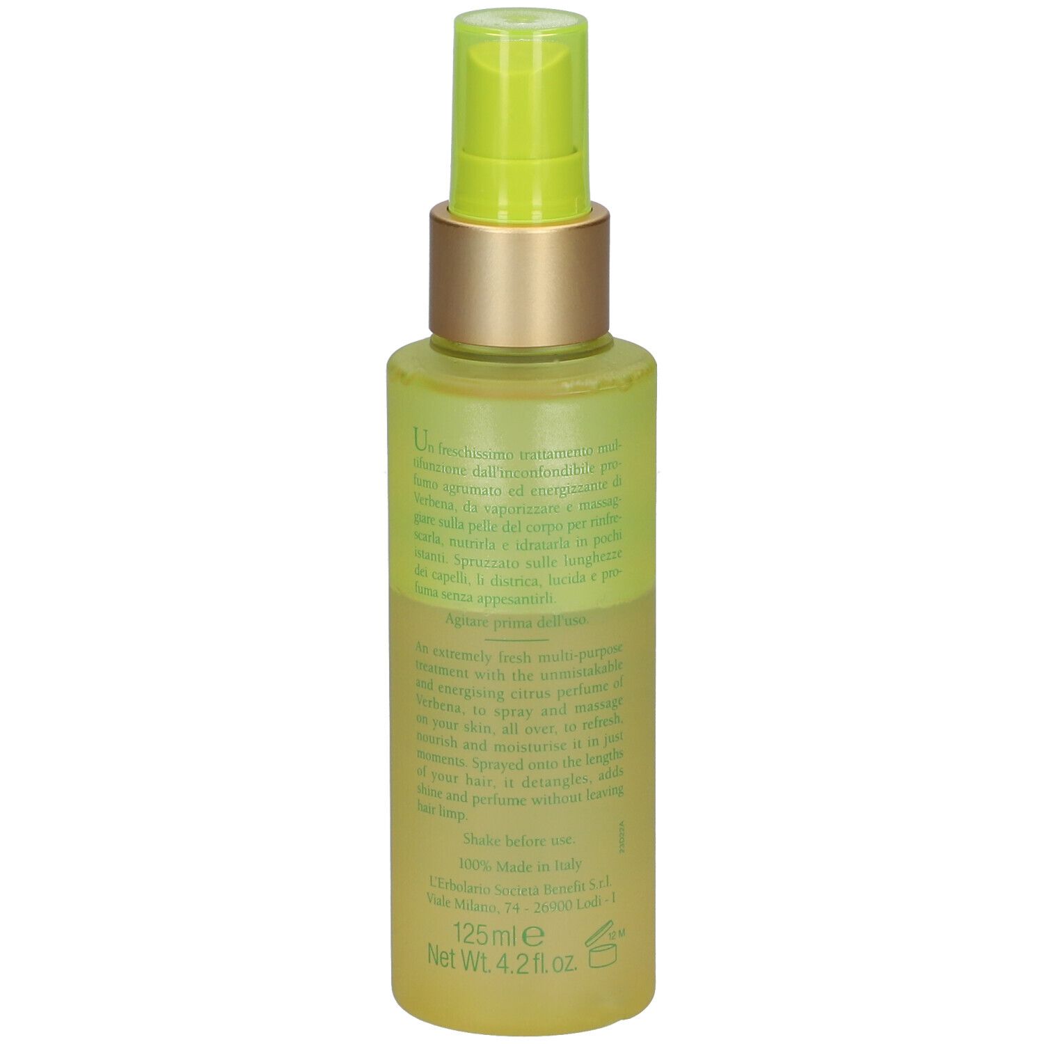 Spray corporel L'Erbolario. Dos avec texte. 125ml. Fabriqué en Italie.