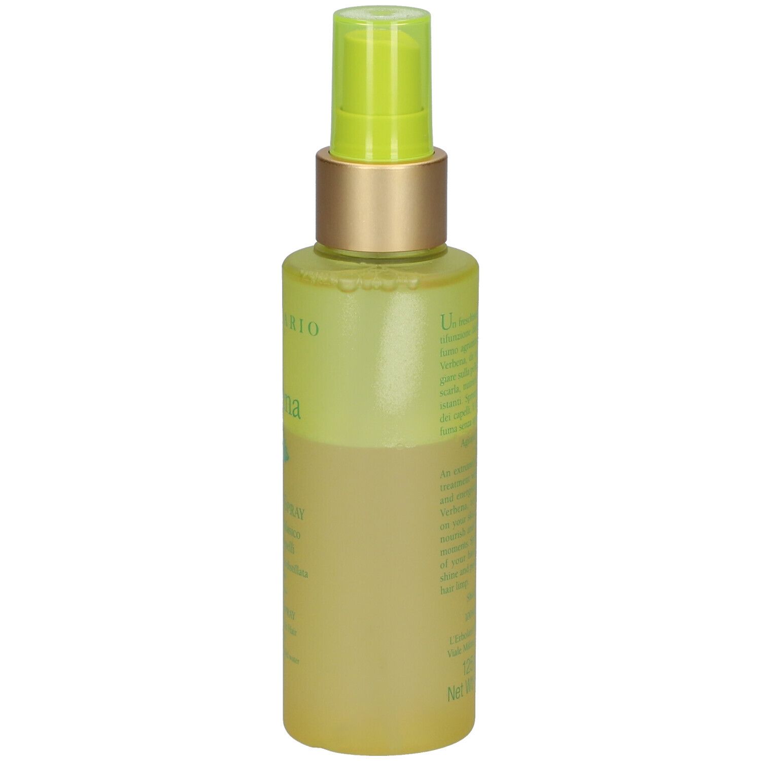Spray corporel L'Erbolario. Vue arrière du flacon vert avec texte.