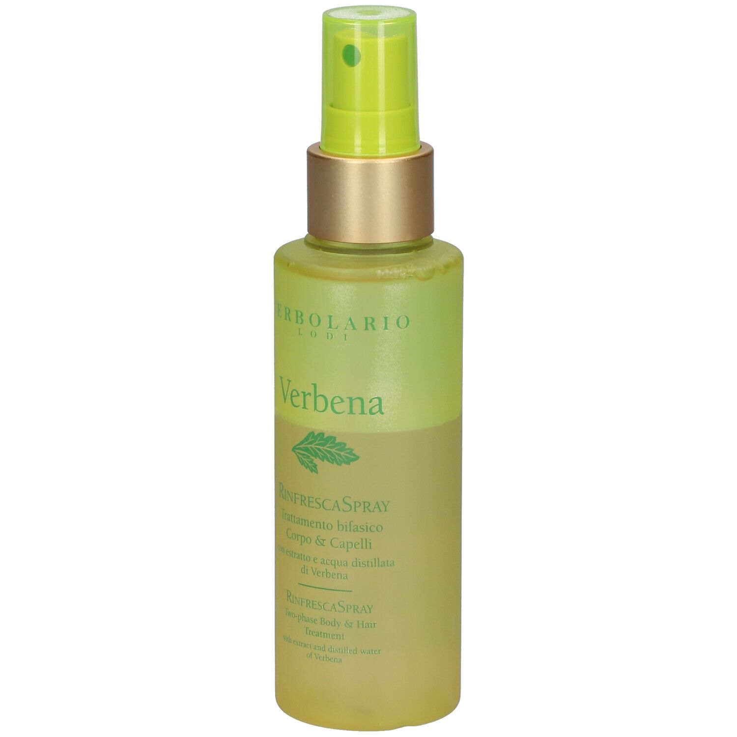 Spray corporel L'Erbolario. Flacon vert avec vaporisateur. Étiquette Verbena.