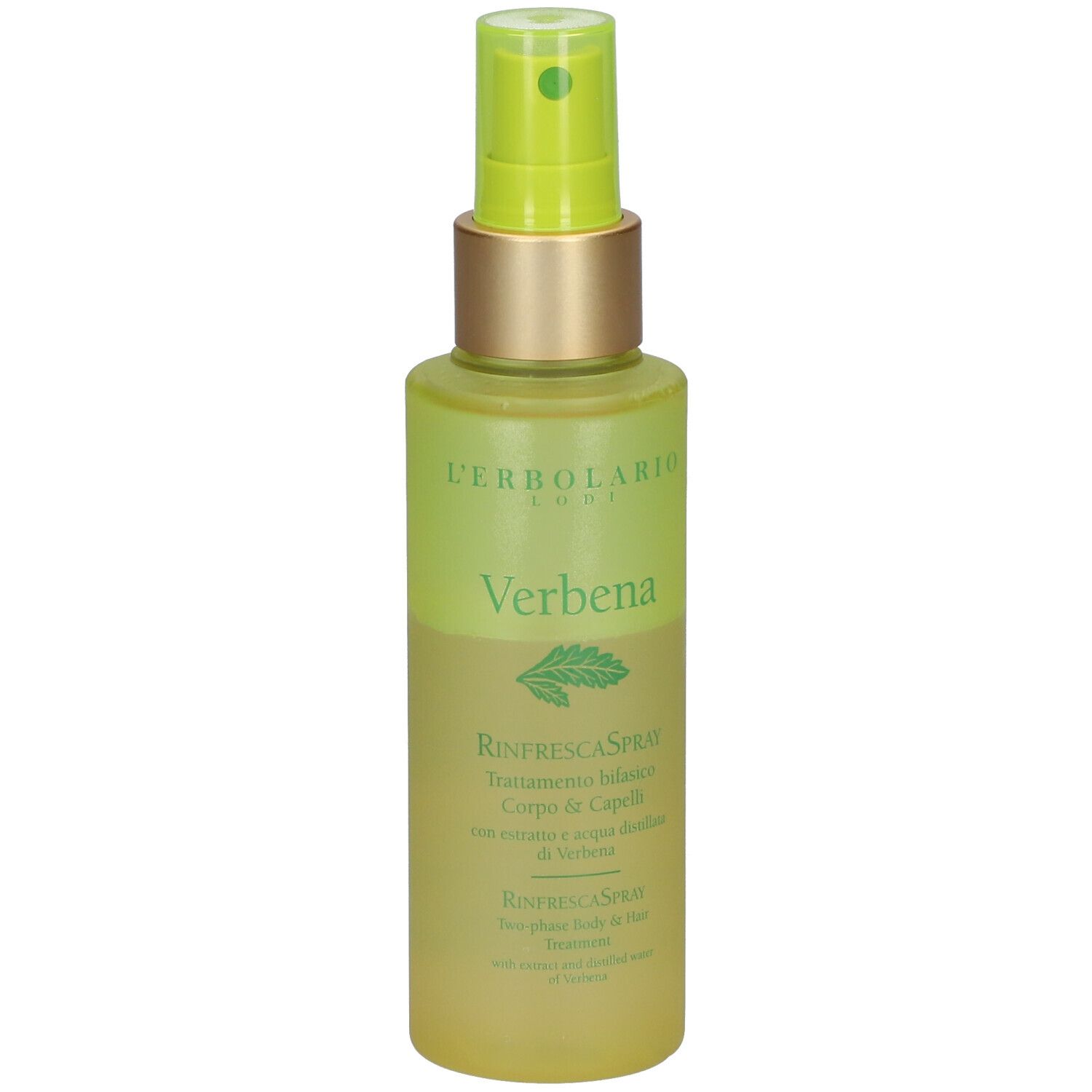 Spray corporel L'Erbolario. Flacon vert avec vaporisateur. Étiquette Verbena.