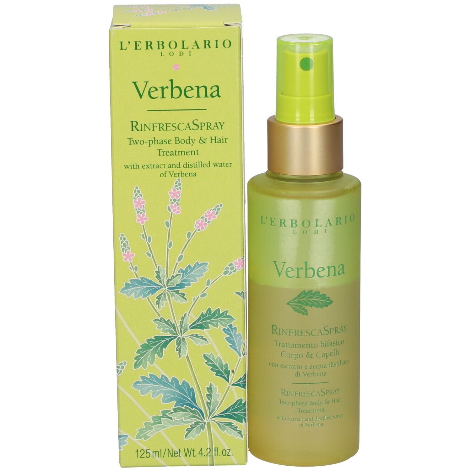 Spray corporel L'Erbolario Verbena et emballage. Flacon et boîte verts.