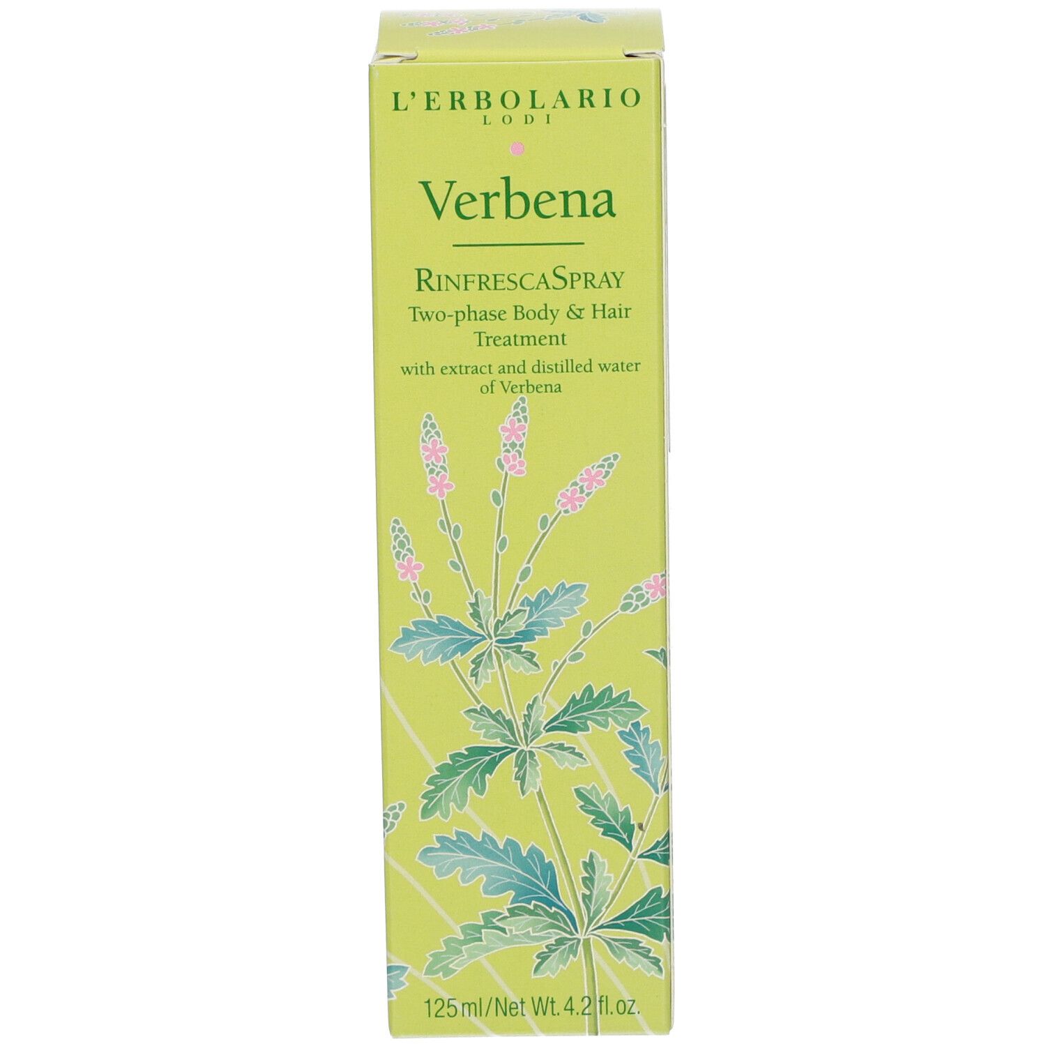 Emballage L'Erbolario Verbena. Boîte verte avec informations produit.