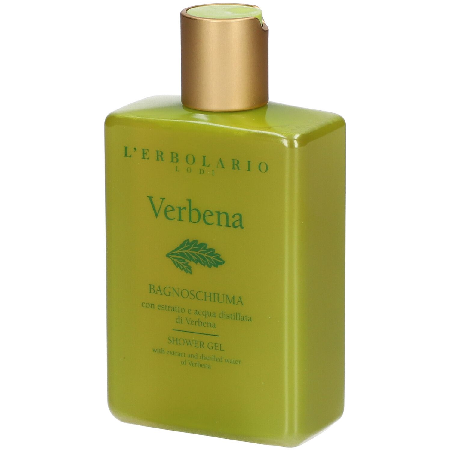 Gel douche vert avec bouchon doré. Inscription : Verbena, L'ERBOLARIO LODI. Forme de la bouteille : rectangulaire.