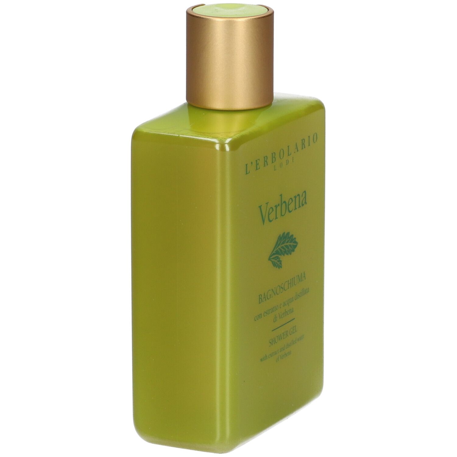 Gel douche vert avec bouchon doré. Inscription : Verbena, L'ERBOLARIO LODI. Bouteille en biais.