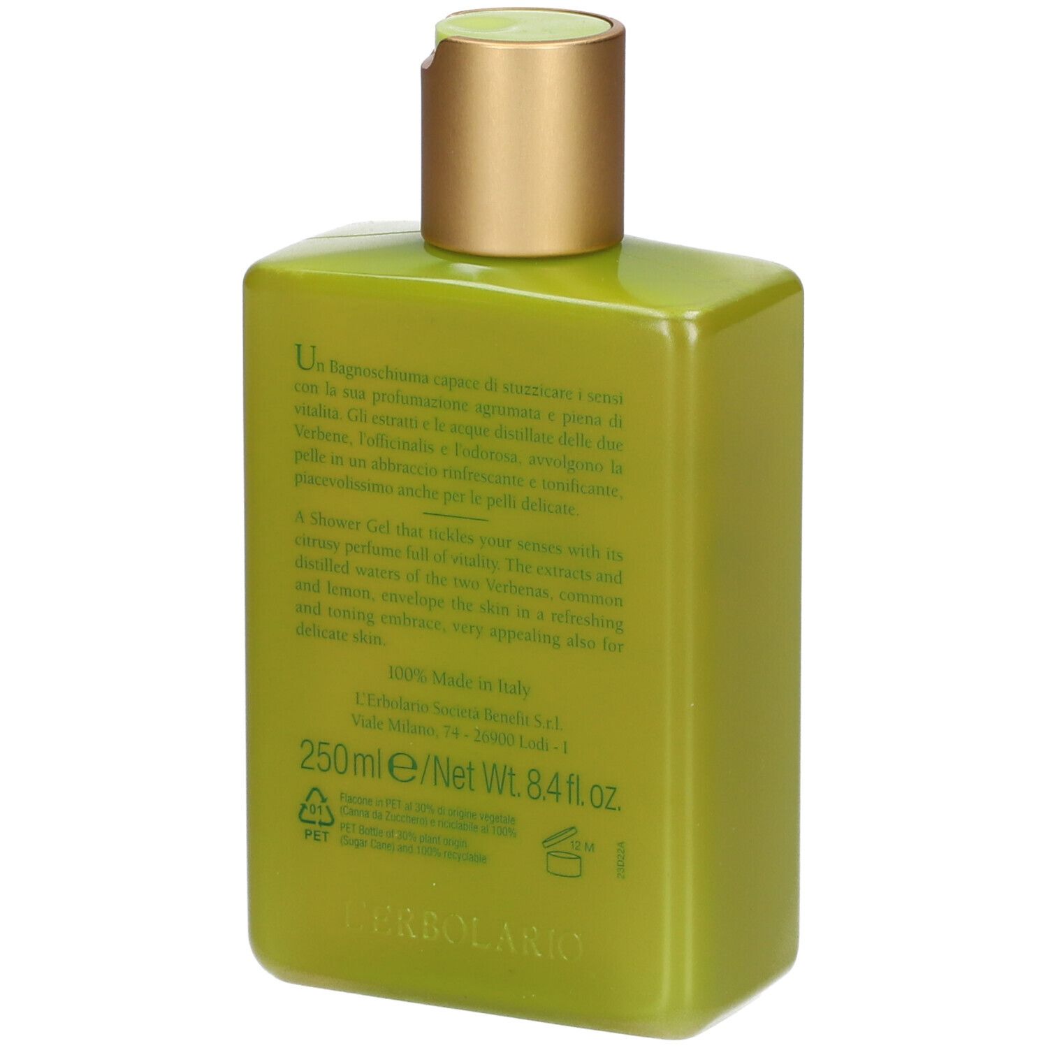 Dos du gel douche vert. Inscription : Verbena, L'ERBOLARIO LODI. Texte en italien et en anglais.