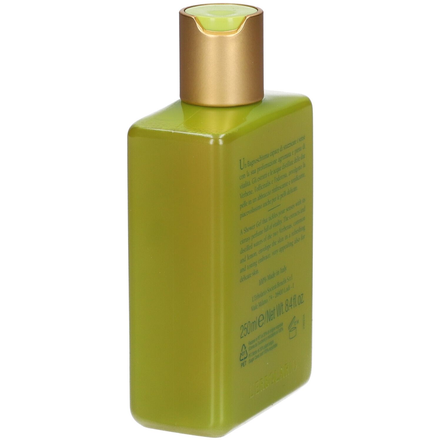 Dos du gel douche vert. Inscription : Verbena, L'ERBOLARIO LODI. Texte en italien et en anglais.