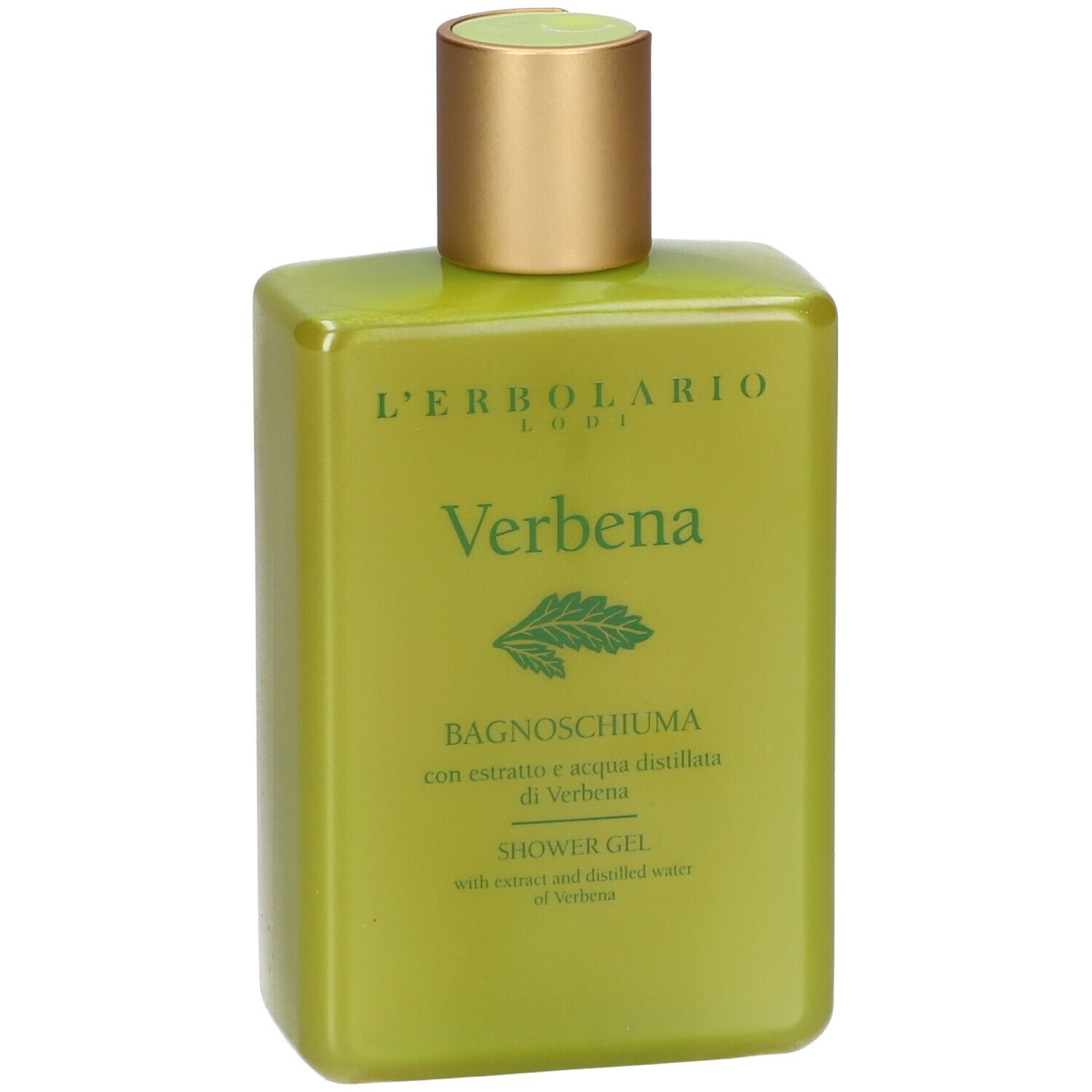 Gel douche vert avec bouchon doré. Inscription : Verbena, L'ERBOLARIO LODI. Forme de la bouteille : rectangulaire.