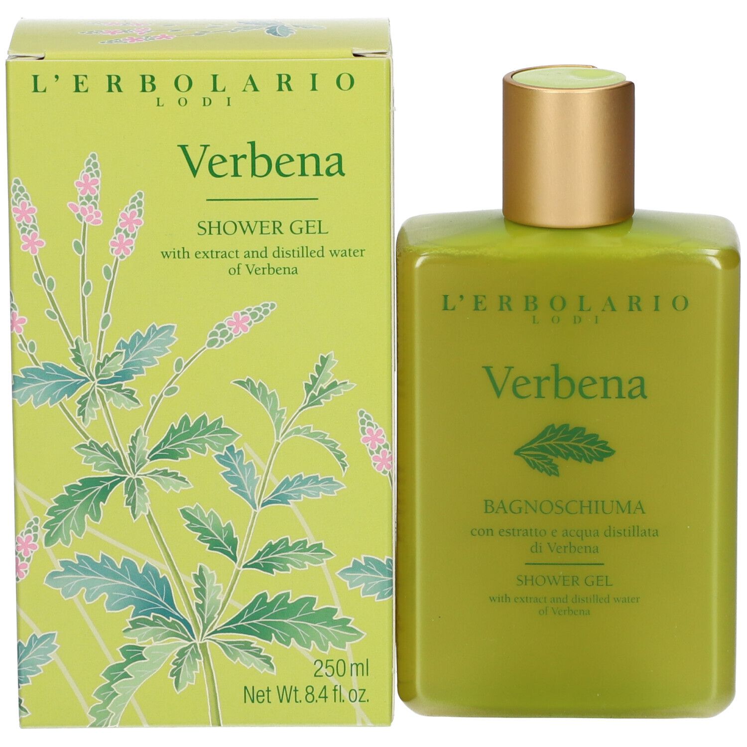 Gel douche vert et emballage. Inscription : Verbena, L'ERBOLARIO LODI. Emballage avec motif floral.