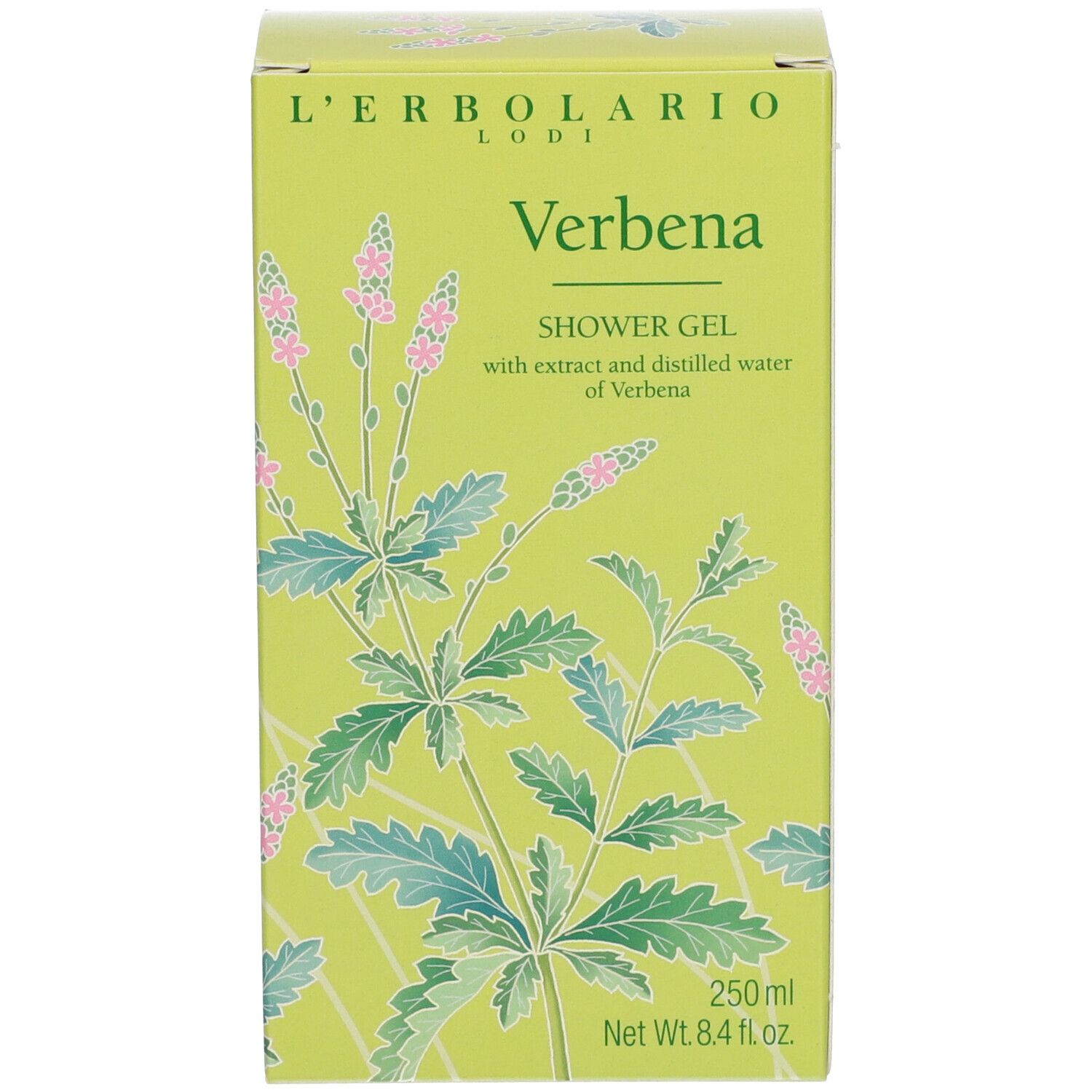 Emballage avec motif floral. Inscription : Verbena, L'ERBOLARIO LODI. Couleur verte, forme rectangulaire.