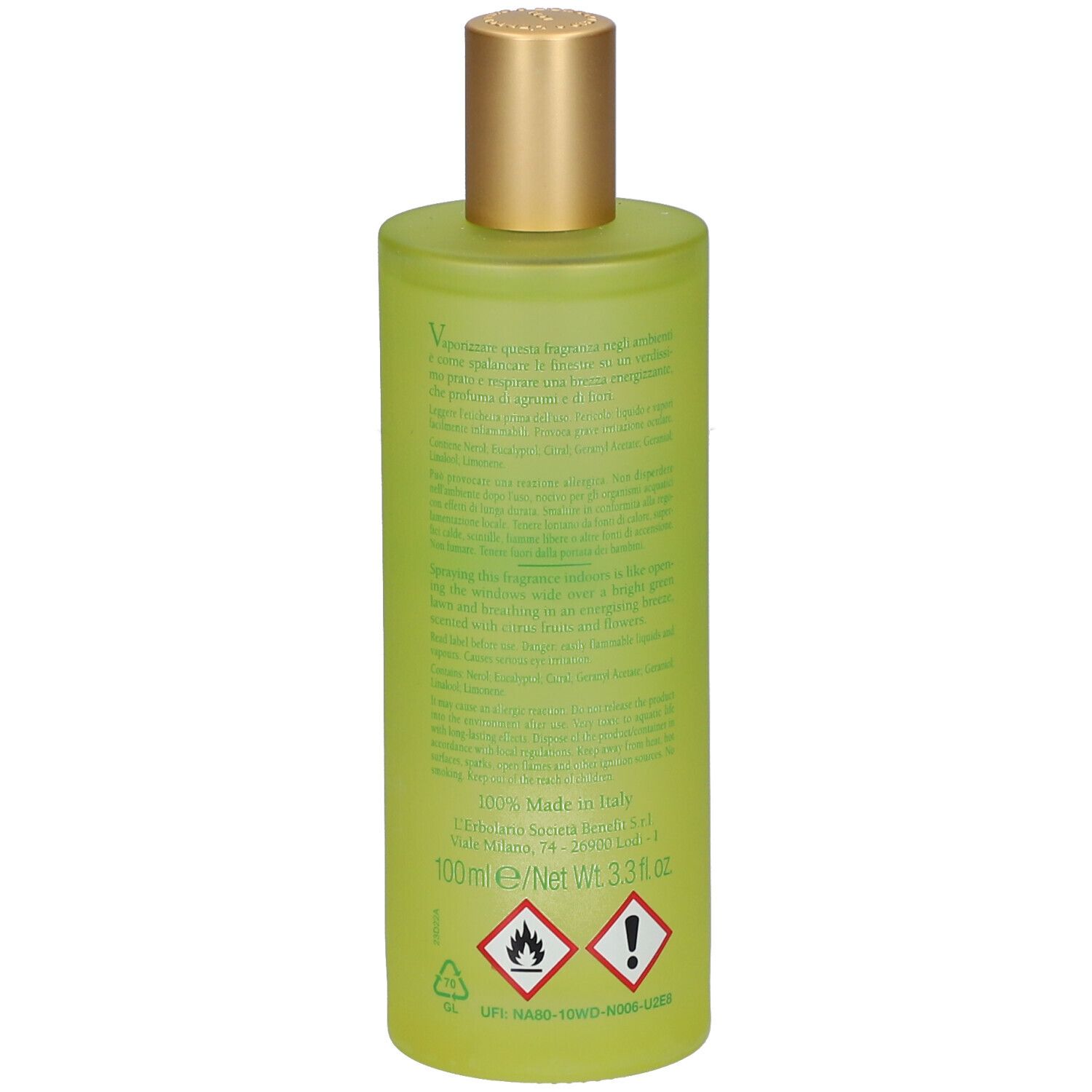 Flacon vert avec bouchon doré. Dos avec texte, avertissements et informations sur les ingrédients.