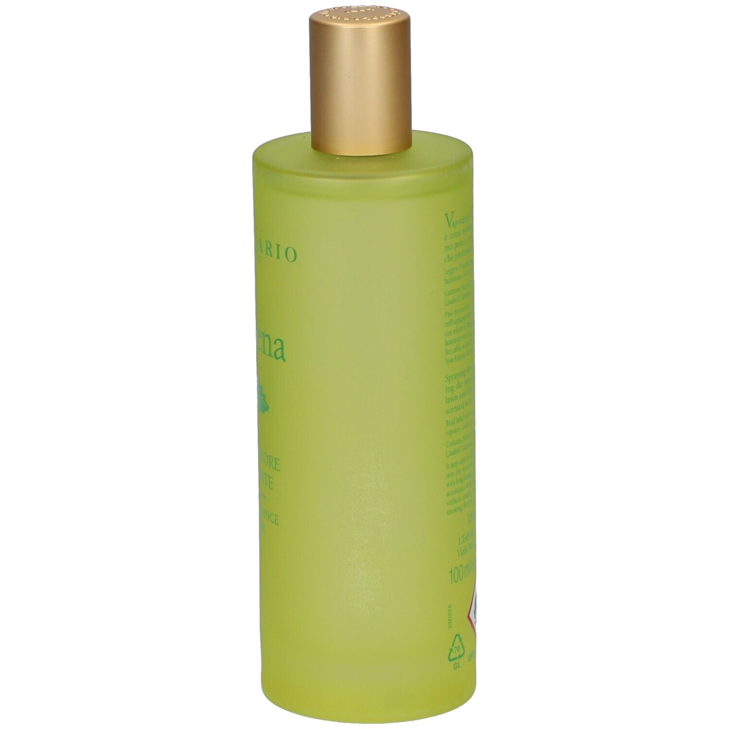 Flacon vert avec bouchon doré. Inscription: L'ERBOLARIO, Verbena, PROFUMATORE D'AMBIENTE, HOME FRAGRANCE DIFFUSER.
