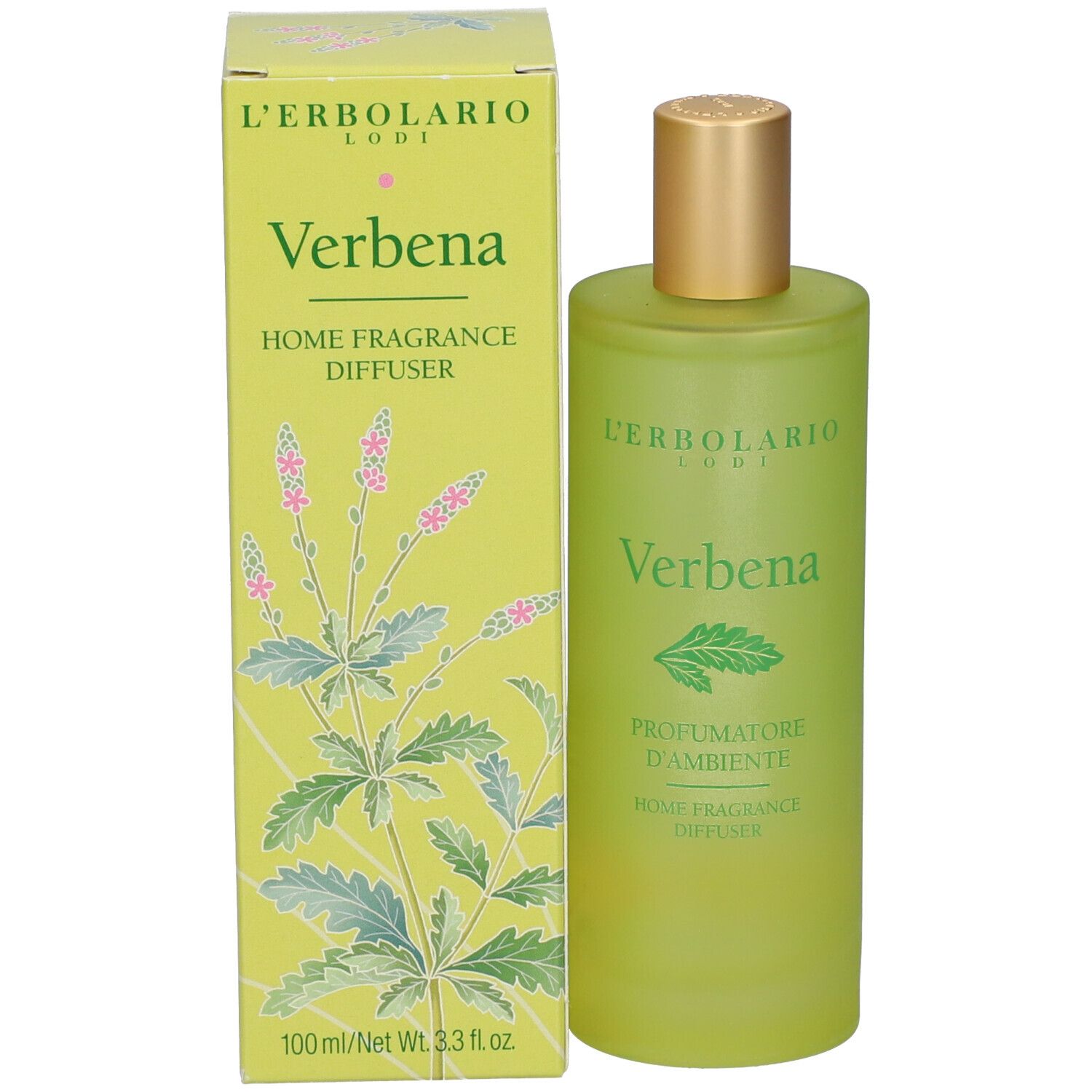 Flacon vert et boîte. Inscription: L'ERBOLARIO, Verbena, HOME FRAGRANCE DIFFUSER. 100 ml/Net Wt. 3.3 fl oz.