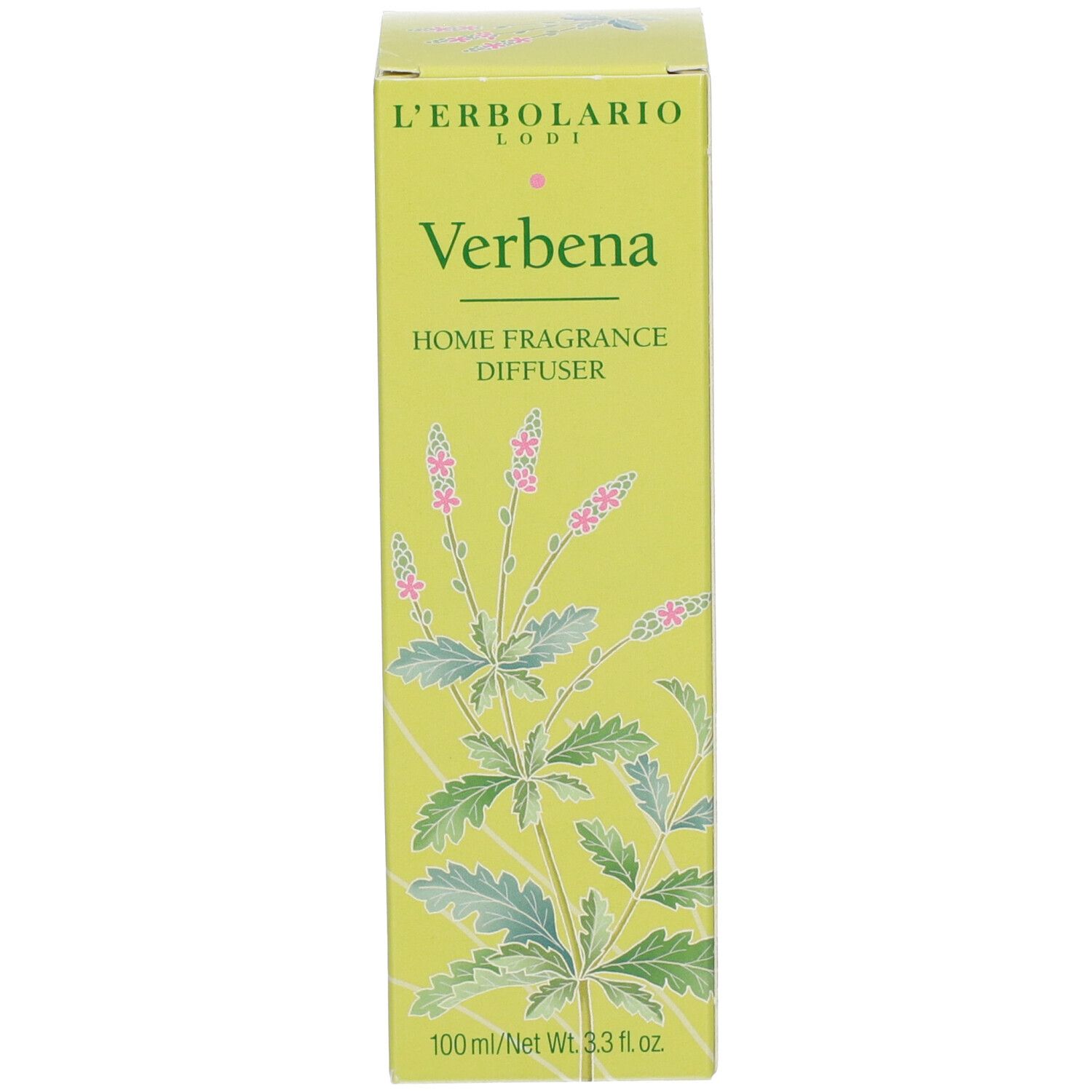 Boîte jaune avec inscription: L'ERBOLARIO, Verbena, HOME FRAGRANCE DIFFUSER. 100 ml/Net Wt. 3.3 fl oz.