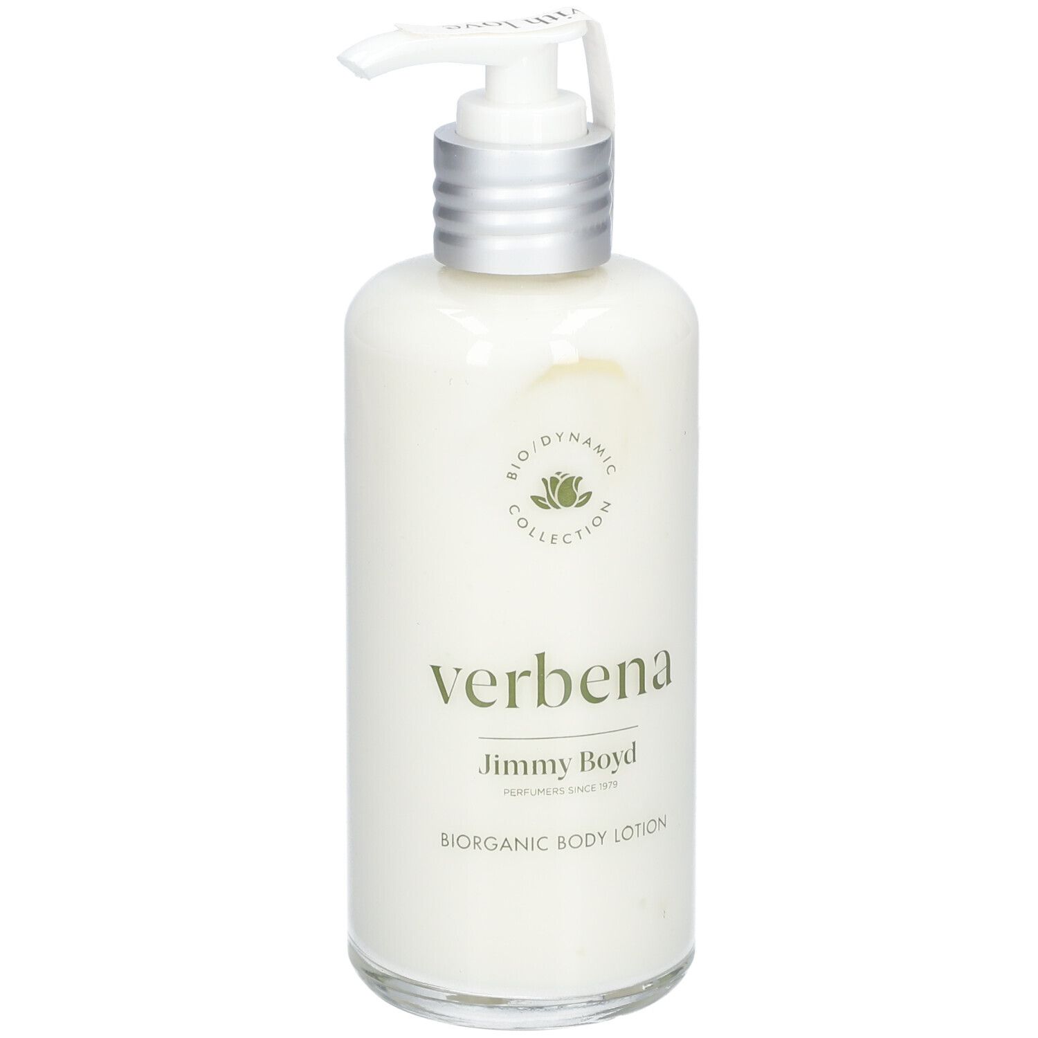Flacon de crème avec pompe. Inscription : Verbena, Jimmy Boyd. Biodynamic Collection. Bioorganic Body Lotion.