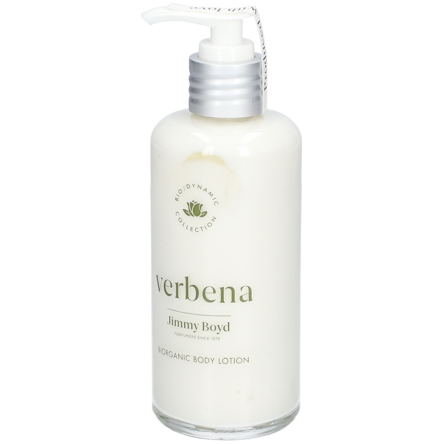 Flacon de crème avec pompe. Inscription : Verbena, Jimmy Boyd. Biodynamic Collection. Bioorganic Body Lotion.