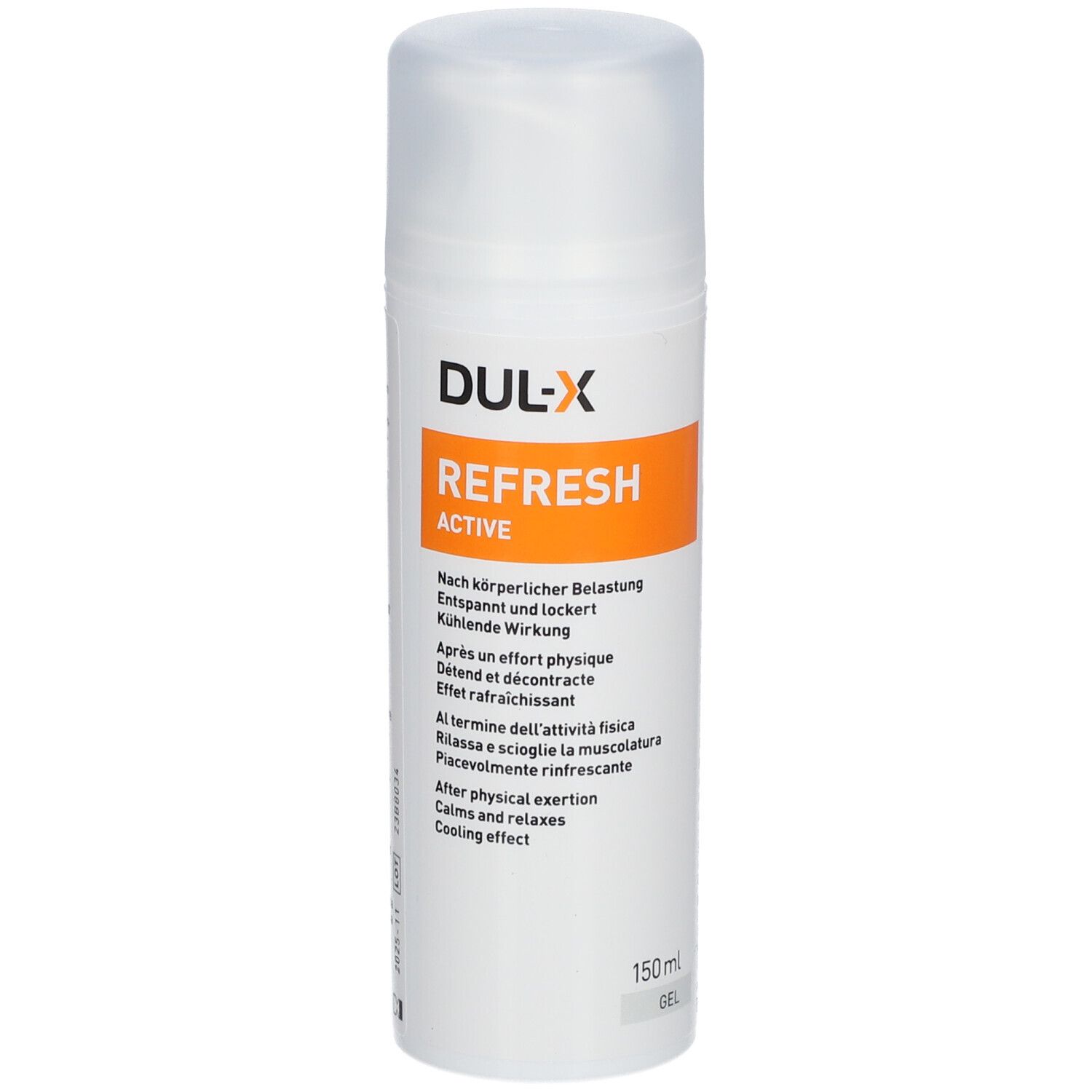 Flacon blanc DUL-X Refresh Active Gel. Étiquette orange avec nom et texte. Contenance 150ml.
