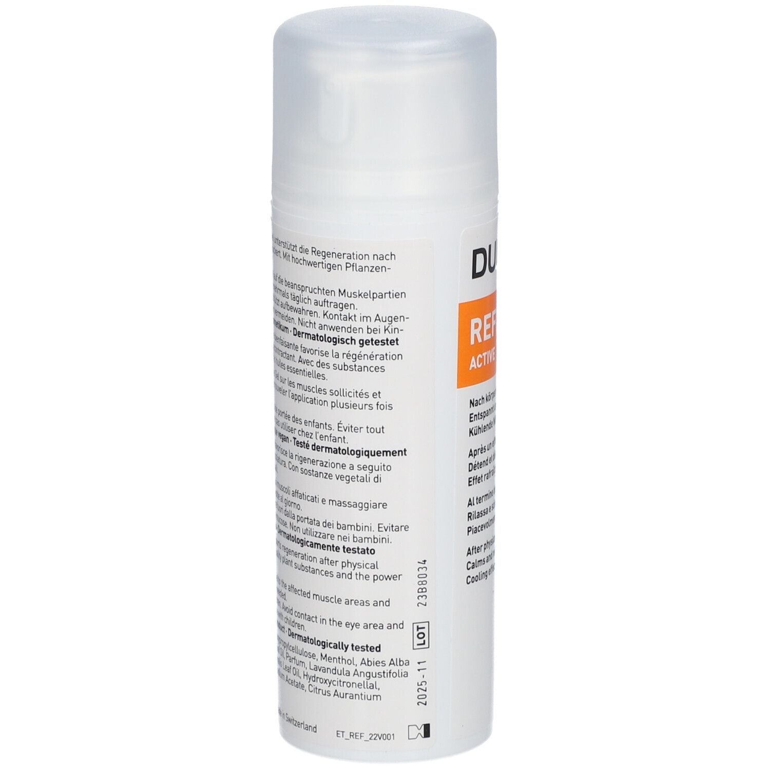 Dos du flacon blanc DUL-X Refresh Active Gel. Texte multilingue. Numéro de lot et date de péremption.