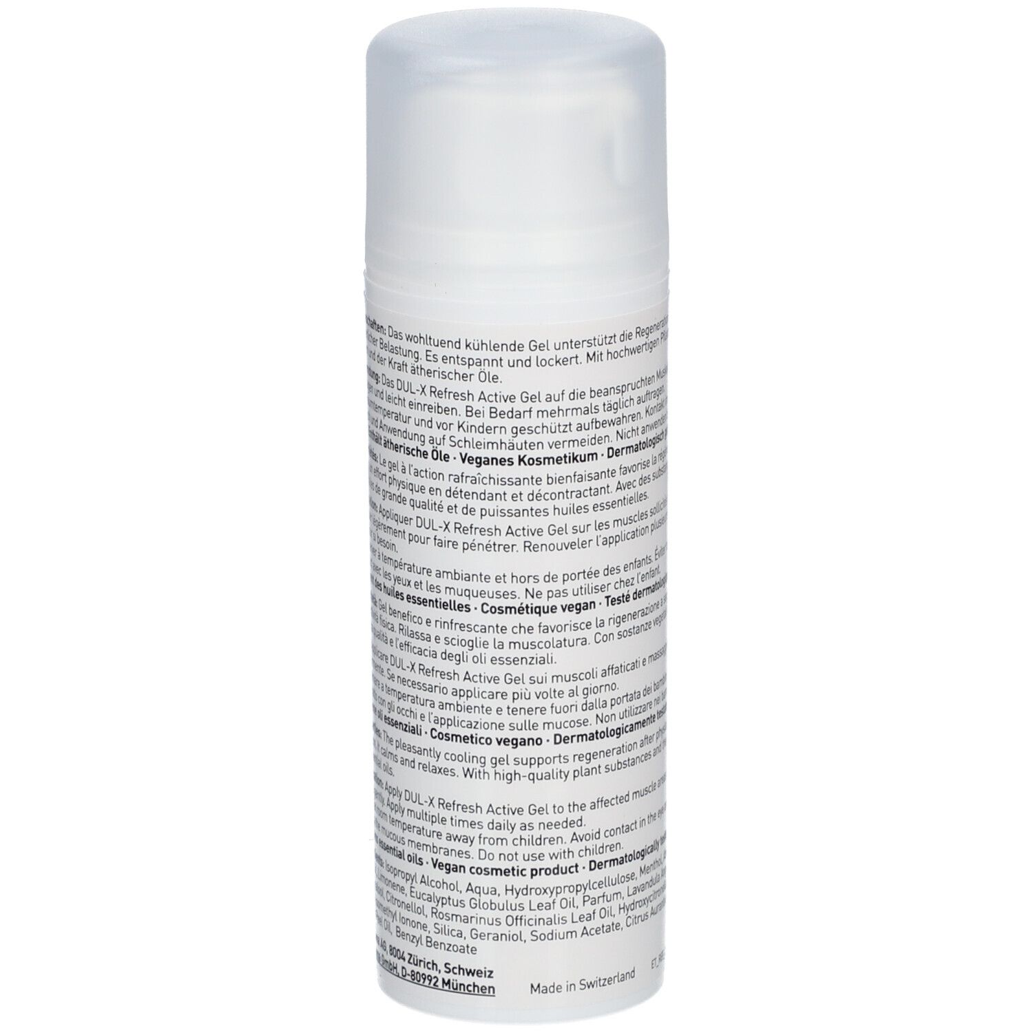Dos du flacon blanc DUL-X Refresh Active Gel. Texte multilingue. Ingrédients et informations fabricant.