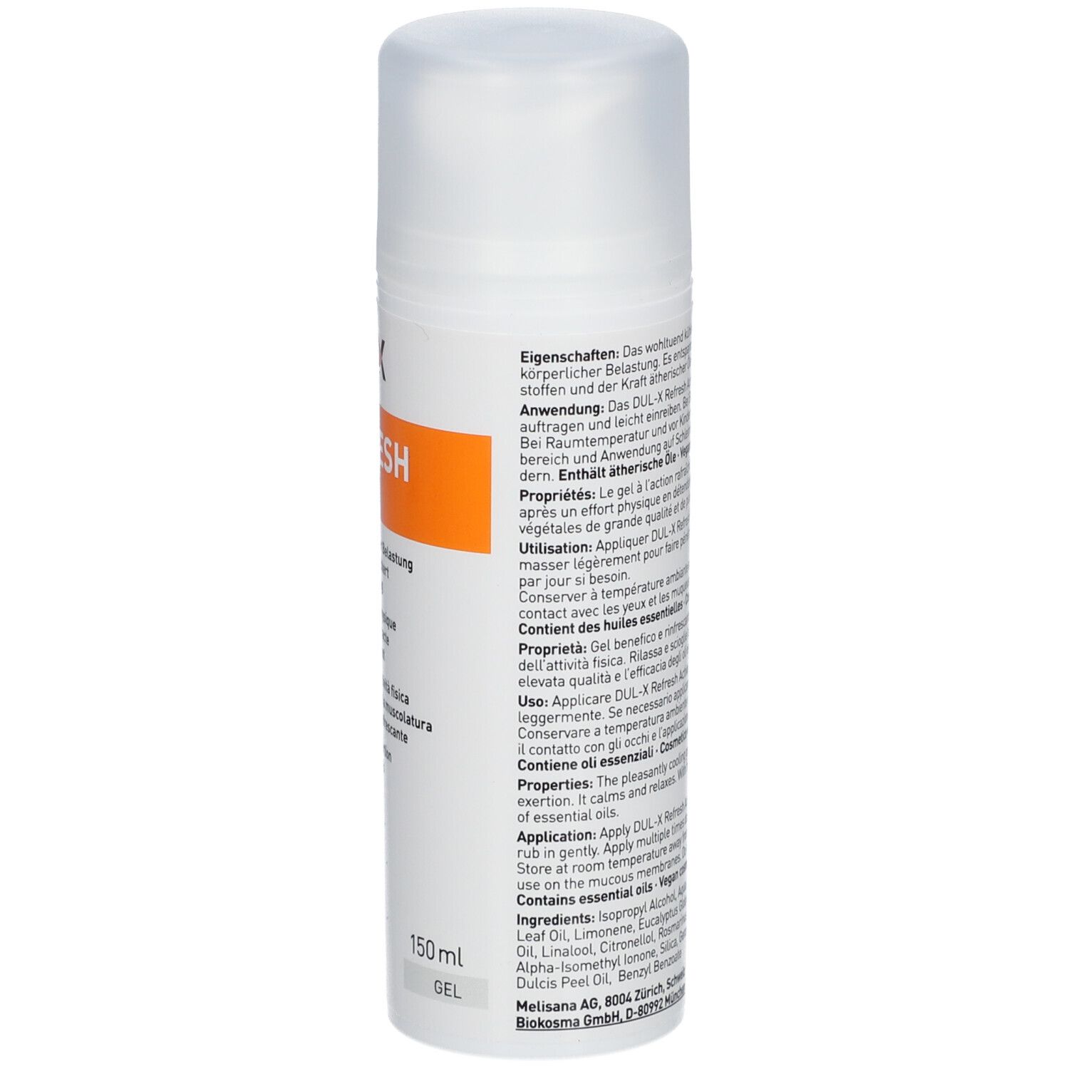 Flacon blanc DUL-X Refresh Active Gel. Texte multilingue. Instructions d'utilisation et ingrédients.