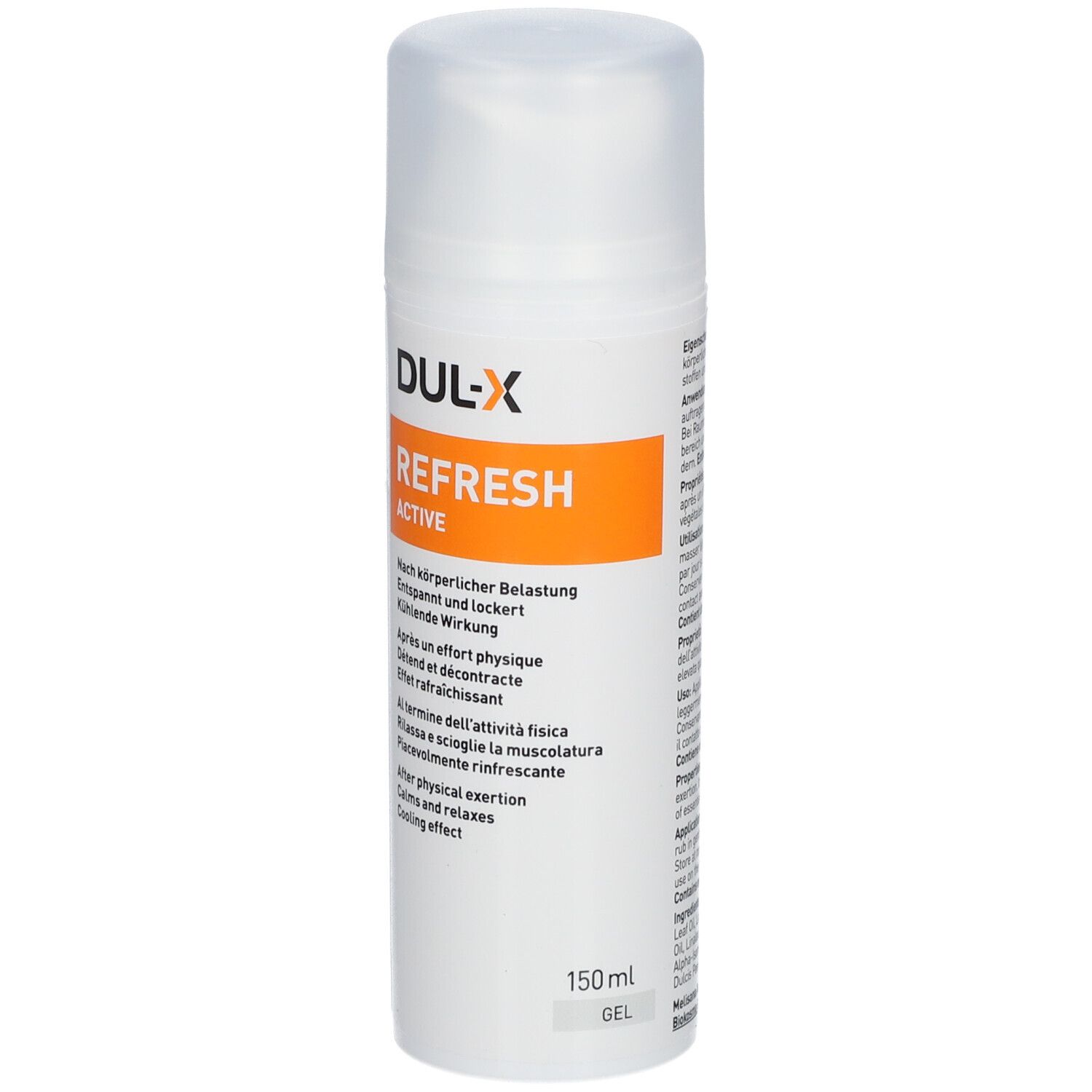 Flacon blanc DUL-X Refresh Active Gel. Étiquette orange avec nom et texte. Contenance 150ml.