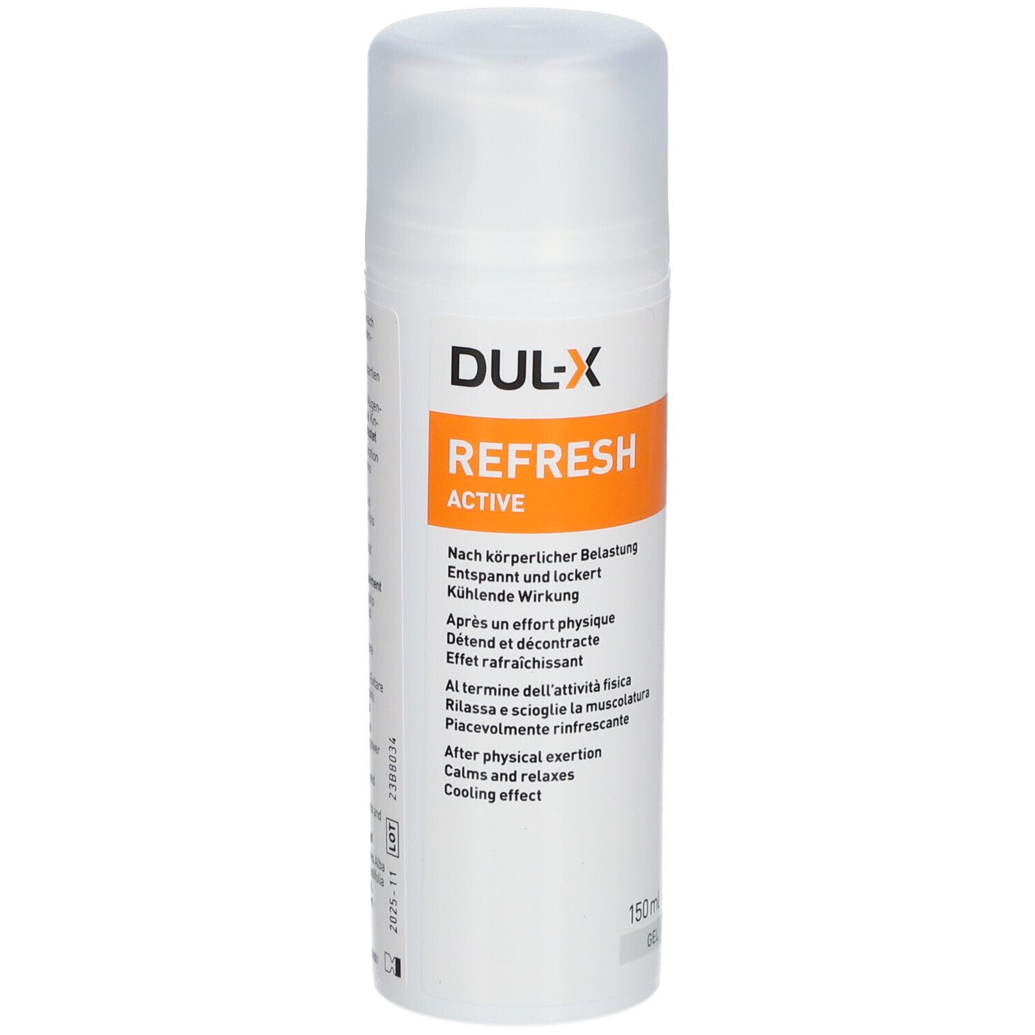 Flacon blanc DUL-X Refresh Active Gel. Étiquette orange avec nom et texte. Contenance 150ml.