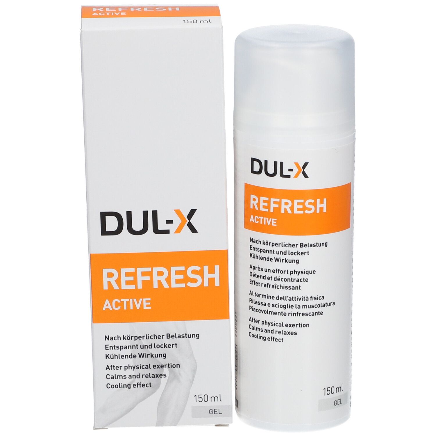 DUL-X Refresh Active Gel et emballage. Boîte blanche avec impression orange. Nom et texte du produit.