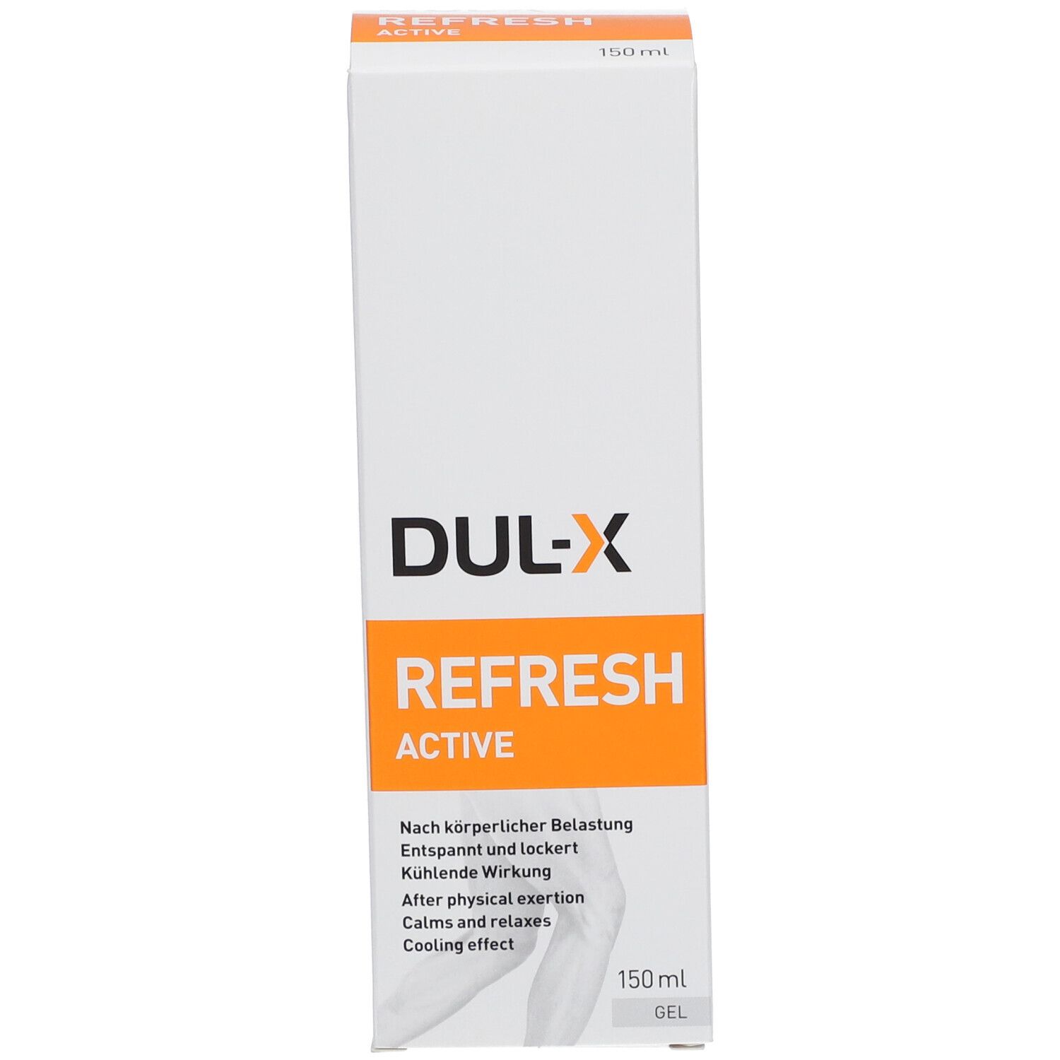 Boîte blanche DUL-X Refresh Active Gel. Impression orange avec nom et texte. Contenance 150ml.