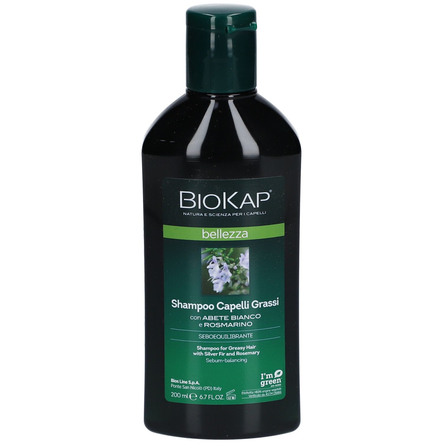 Flacon noir avec bouchon vert. Inscription : BIOKAP, Shampoo Capelli Grassi, Abete Bianco e Rosmarino.
