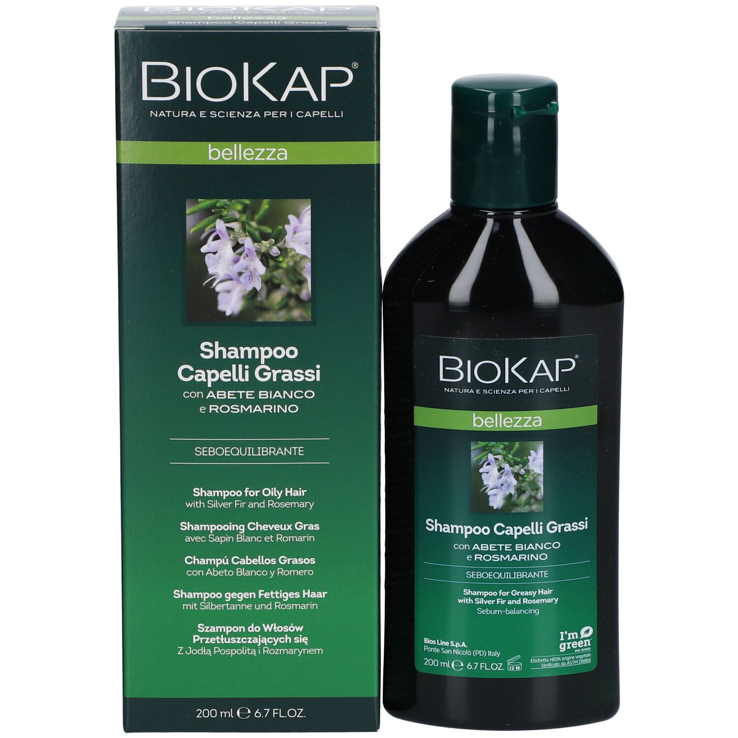 Flacon et emballage BIOKAP. Inscription : Shampoo Capelli Grassi, Abete Bianco e Rosmarino.