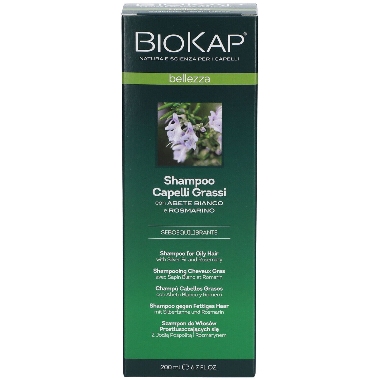 Emballage BIOKAP. Inscription : Shampoo Capelli Grassi, Abete Bianco e Rosmarino.