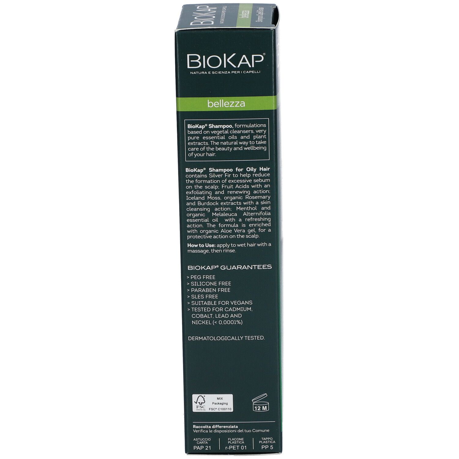 Emballage BIOKAP. Texte : BIOKAP Shampoo, ingrédients, garanties, testé dermatologiquement.