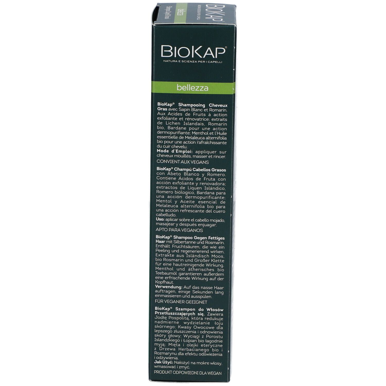 Emballage BIOKAP. Texte : Shampoo Capelli Grassi, ingrédients, convient aux végétaliens.