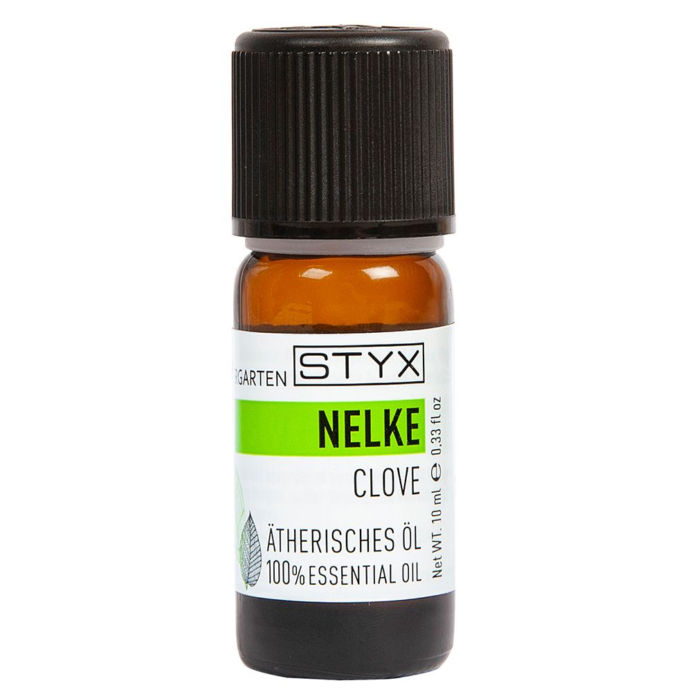 Flacon en verre brun avec bouchon à vis noir. Contient 10 ml d'huile essentielle de clou de girofle.