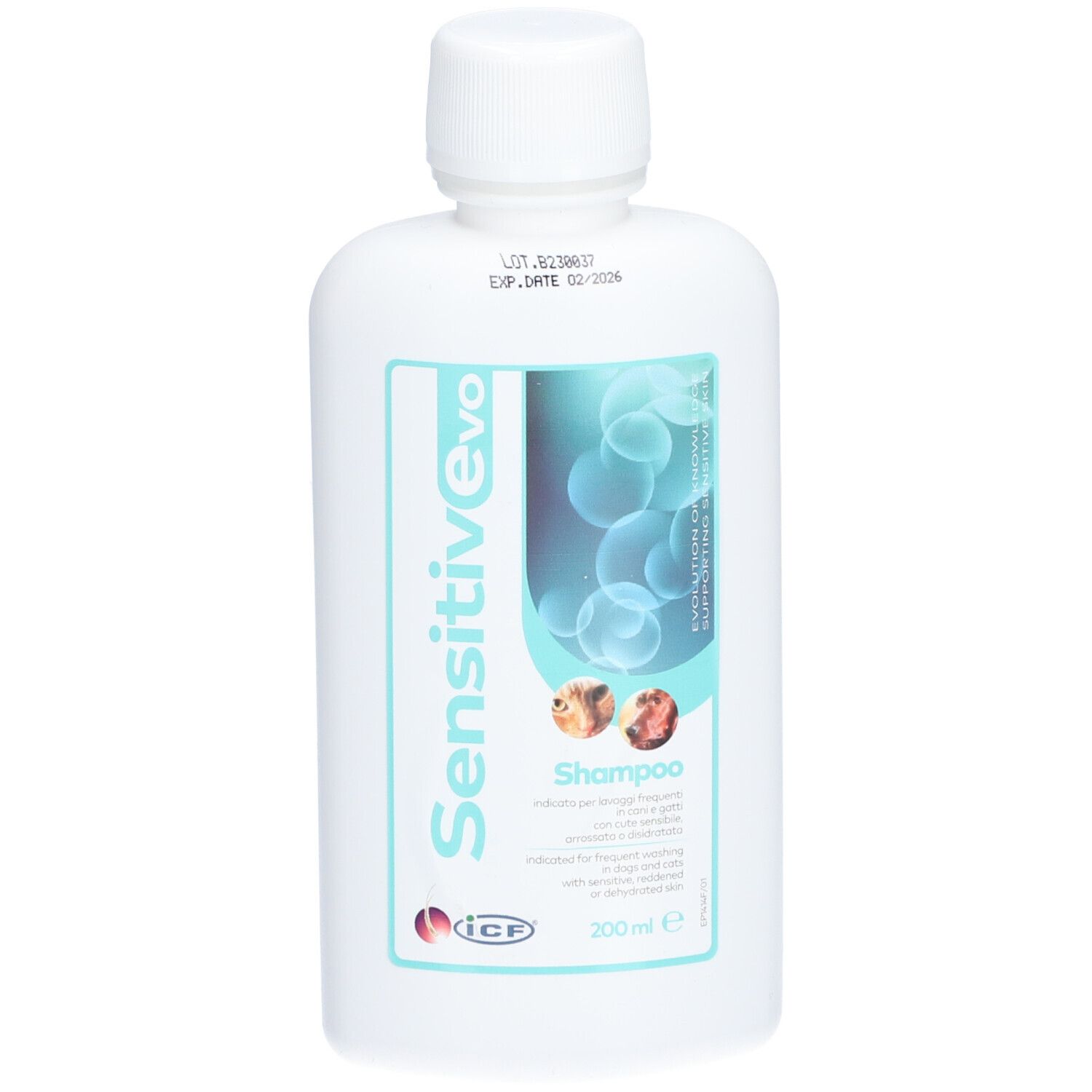 Flacon blanc Sensitiv Evo Shampoo. Étiquette : Shampooing, 200 ml. Date de péremption 02/2026.