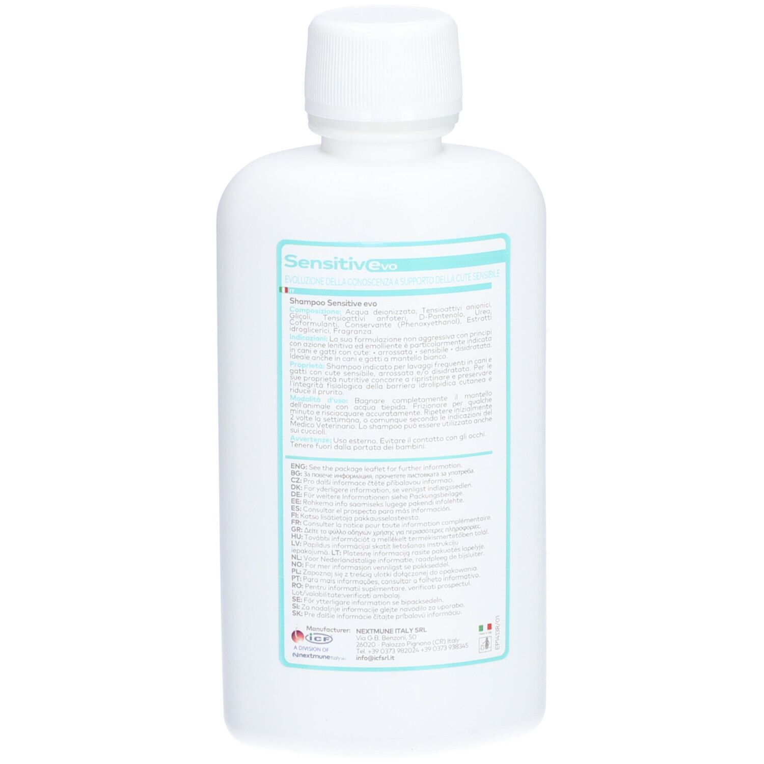 Dos du flacon blanc Sensitiv Evo Shampoo. Texte multilingue. Informations fabricant.