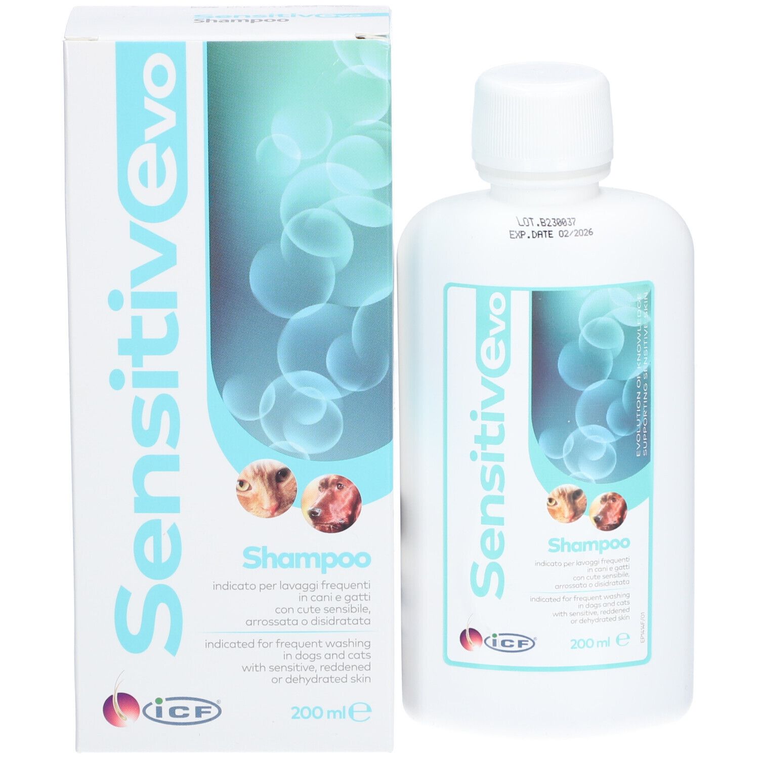 Flacon et emballage Sensitiv Evo Shampoo. Étiquette : Shampooing, 200 ml. Emballage avec nom du produit.