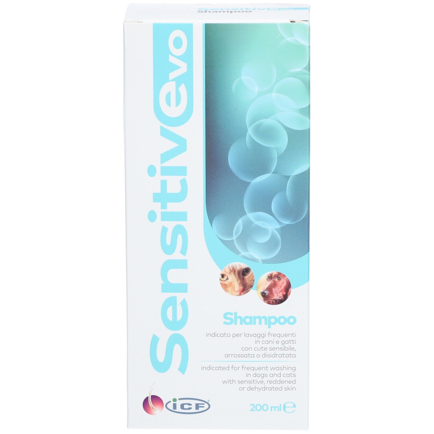Emballage Sensitiv Evo Shampoo. Étiquette : Shampooing, 200 ml. Nom du produit et logo.