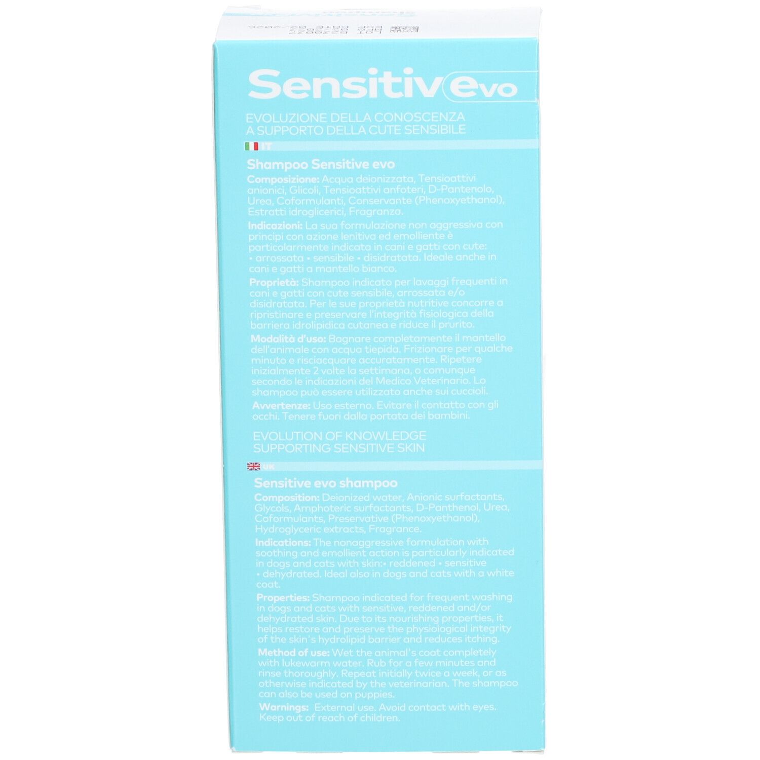Dos de l'emballage Sensitiv Evo Shampoo. Informations produit multilingues.