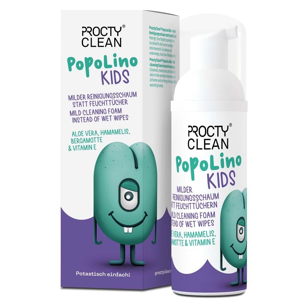 PROCTY® CLEAN PopoLino KIDS. Flacon et emballage de mousse nettoyante. Contient Aloe Vera, Hamamélis, Bergamote & Vitamine E.